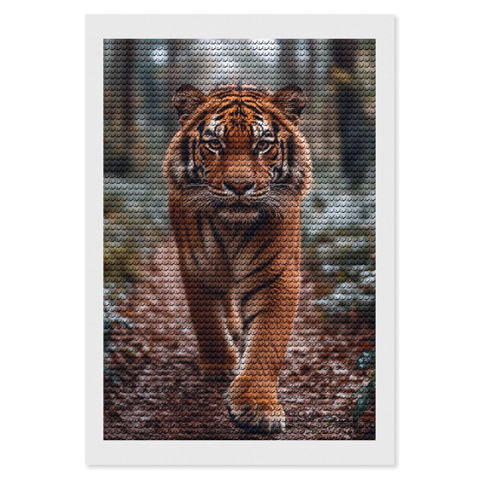 Junmoney Tiger Walking Through Forest DIY Diamond Art Canvas Kit 8"x12", Decorate Your Room, Sparkling Round Gems, Fun Craft Experience, Farmhouse Decor
