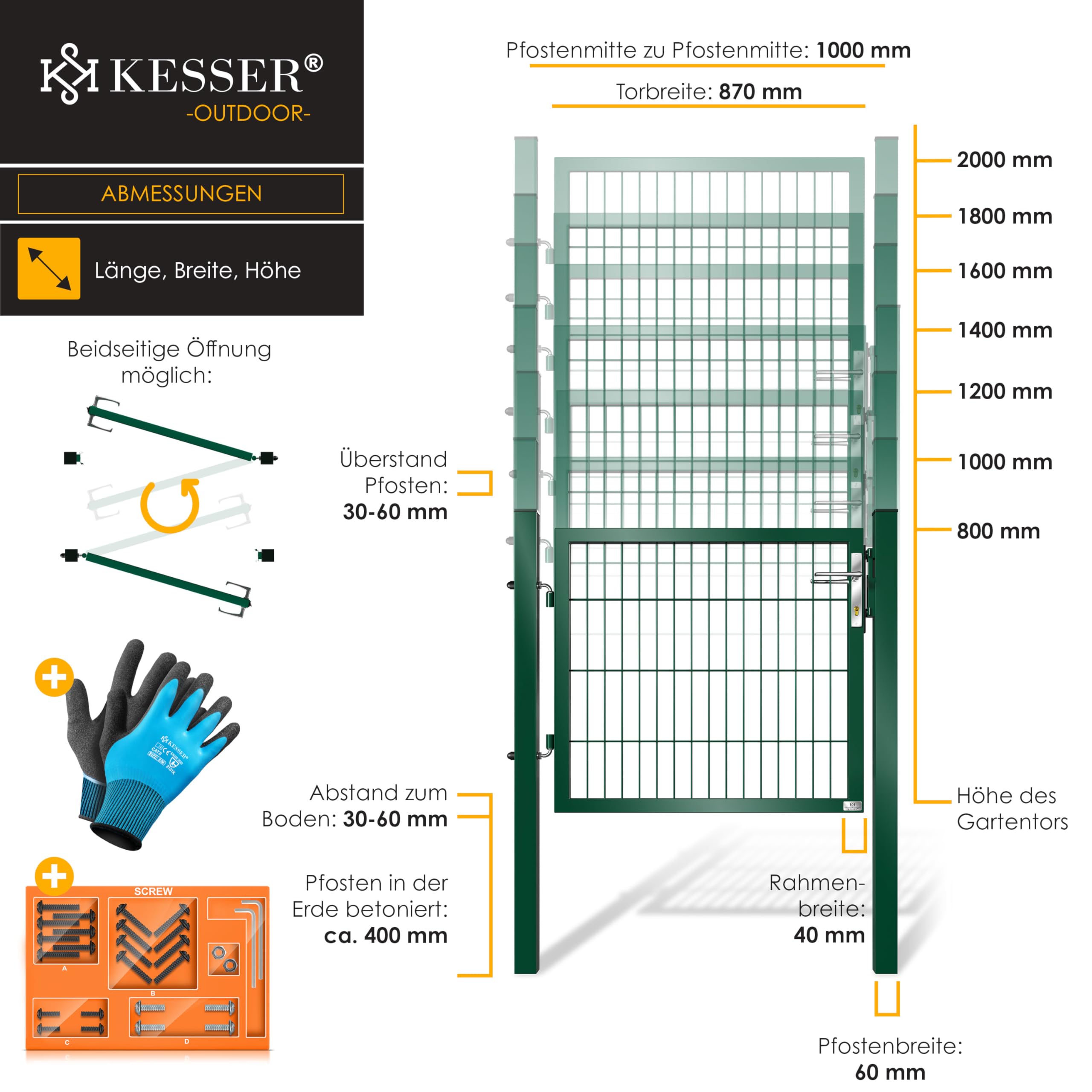 KESSER® Puerta de jardín de acero galvanizado de alta calidad, para jardín, con estaca con cerradura y llave, 80 x 106 cm, color verde