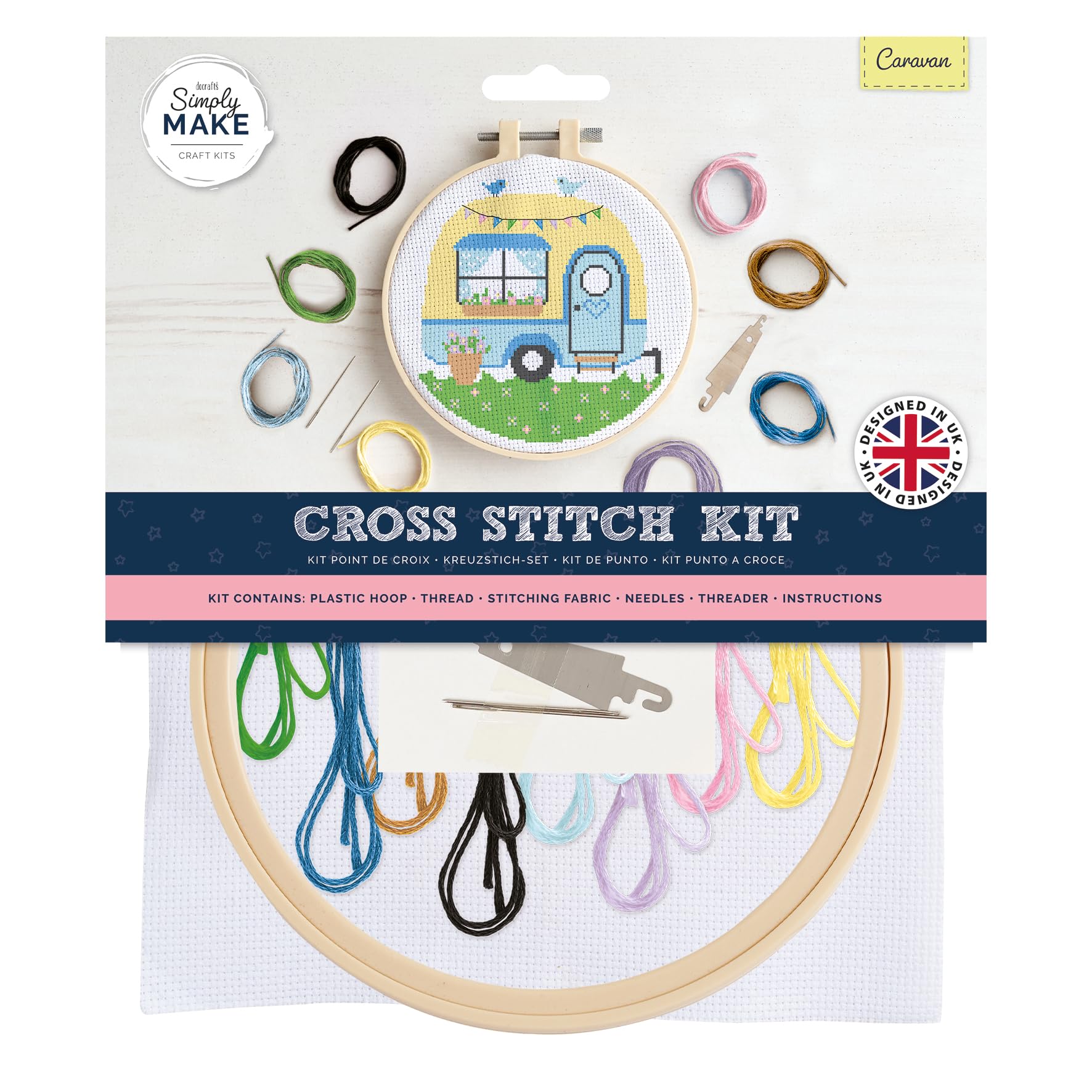 Simply Make Cross Stitch Kit, Caravan, Multicoloured, Single Craft Kit, Cross Stitch Kits for Adults, Sewing Kit and Embroidery Kit for Home Crafts, Embroidery Threads Included