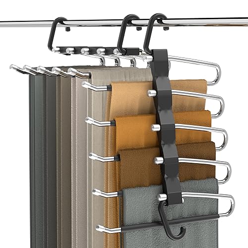 Pants Hangers Space Saving - 2 Pack Closet Organizer and Storage Jean Hangers, Stainless Steel Anti-Slip Clothes Hanger Scarf Holder for Pants Jeans Leggings Trousers Pant Rack, Black - Black - 2