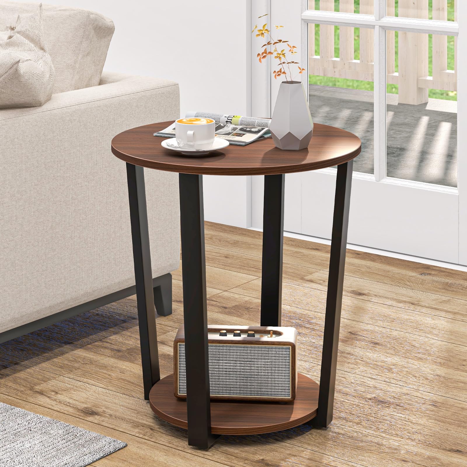 GIANTEX Tavolino ausiliario a 2 livelli, 50 x 50 x 56,5 cm, comodino rotondo con ripiano aperto e telaio in metallo, tavolino da caffè in stile industriale per soggiorno, camera da letto (Nogal)