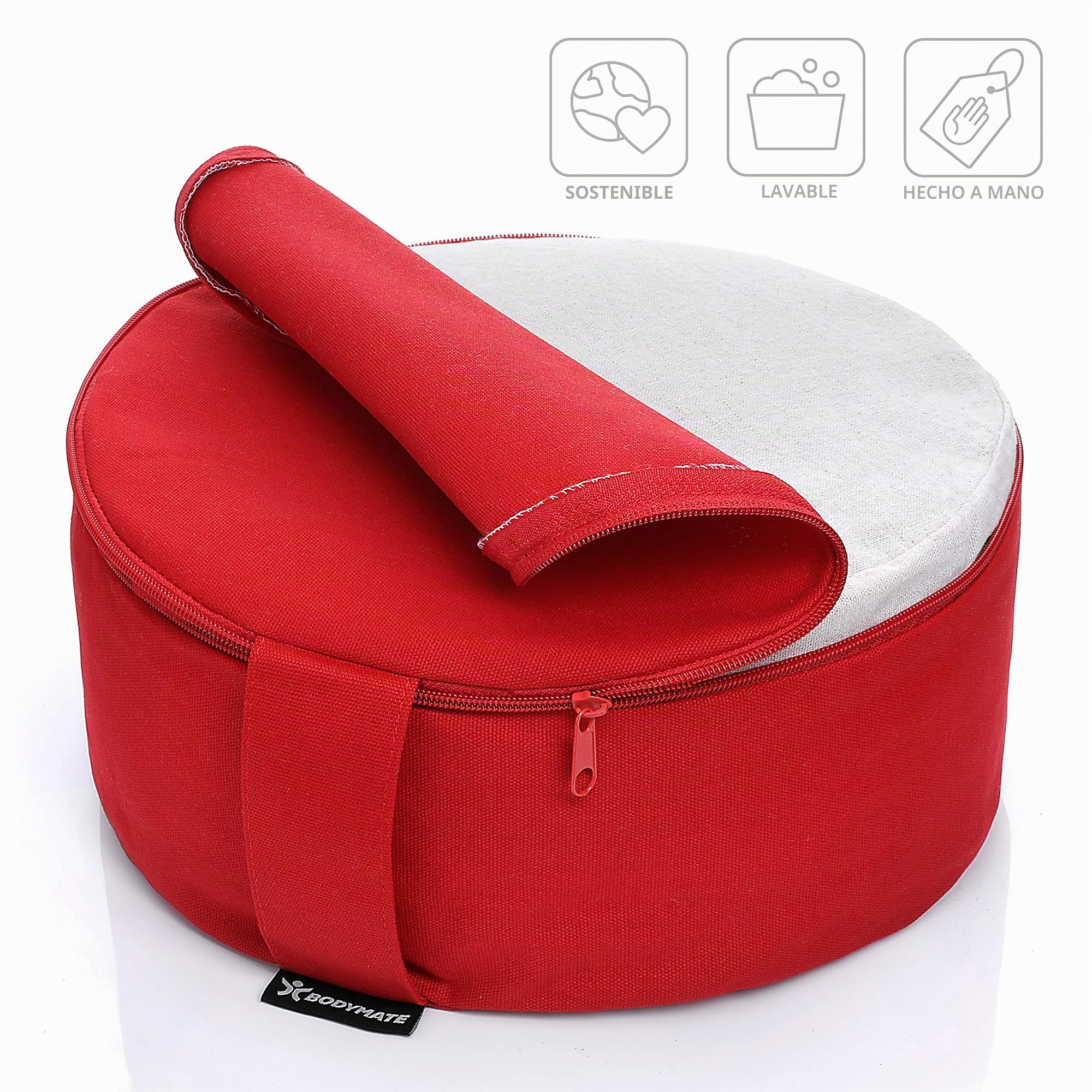 BODYMATE Cojín de Yoga Redondo | 31 cm Diámetro 13 cm Alto | Relleno de Cáscaras de Trigo Sarraceno | Funda Extragruesa y Lavable en Lavadora de Algodón 100% | Meditación y Asiento