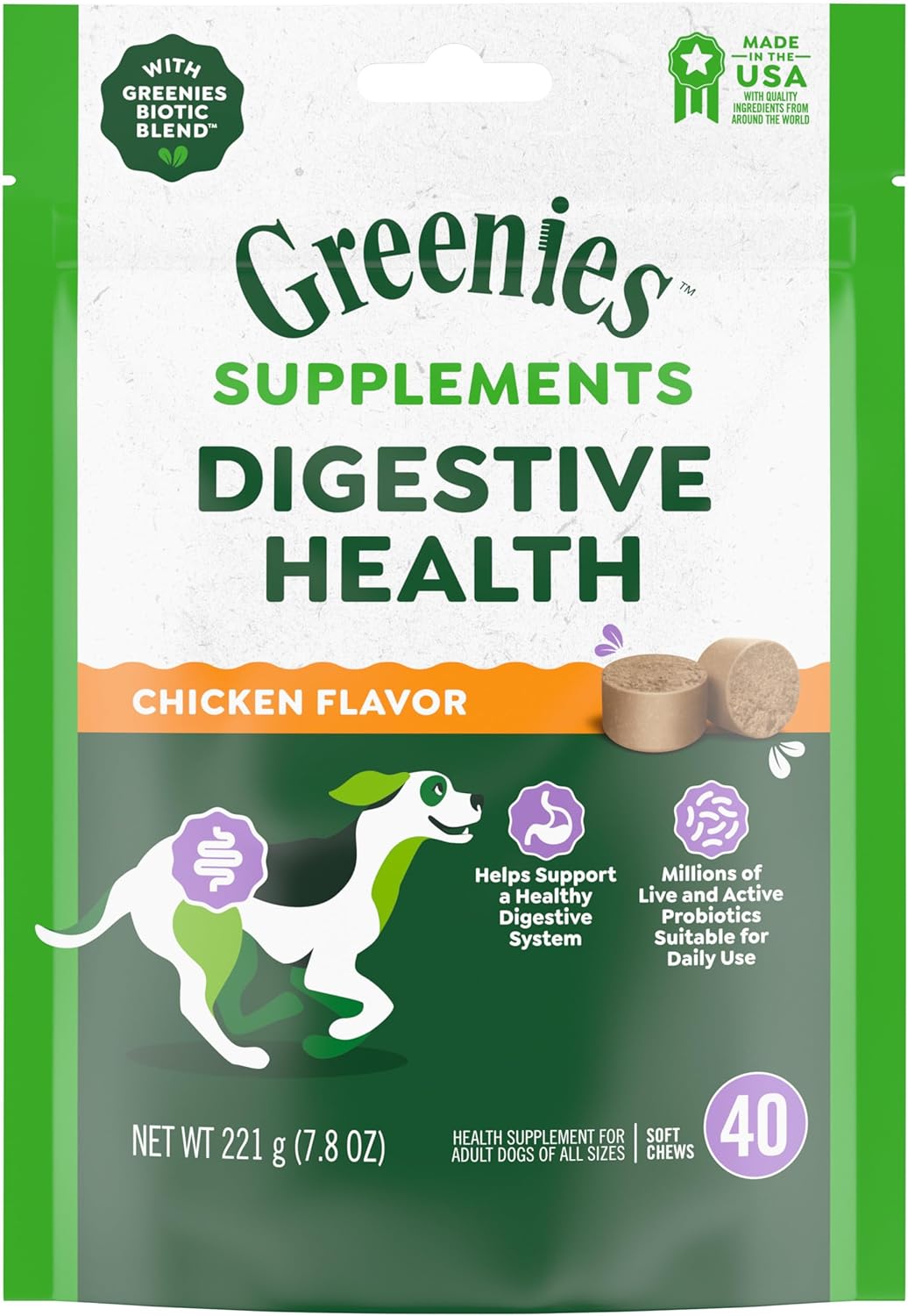 Greenies Supplements Digestive Health Probiotics for Dogs Chicken Flavor, 7.8 oz. Pouch of 40 ct. Greenies Supplements Digestive Health Probiotics for Dogs Chicken Flavor, 7.8 oz. Pouch of 40 ct.