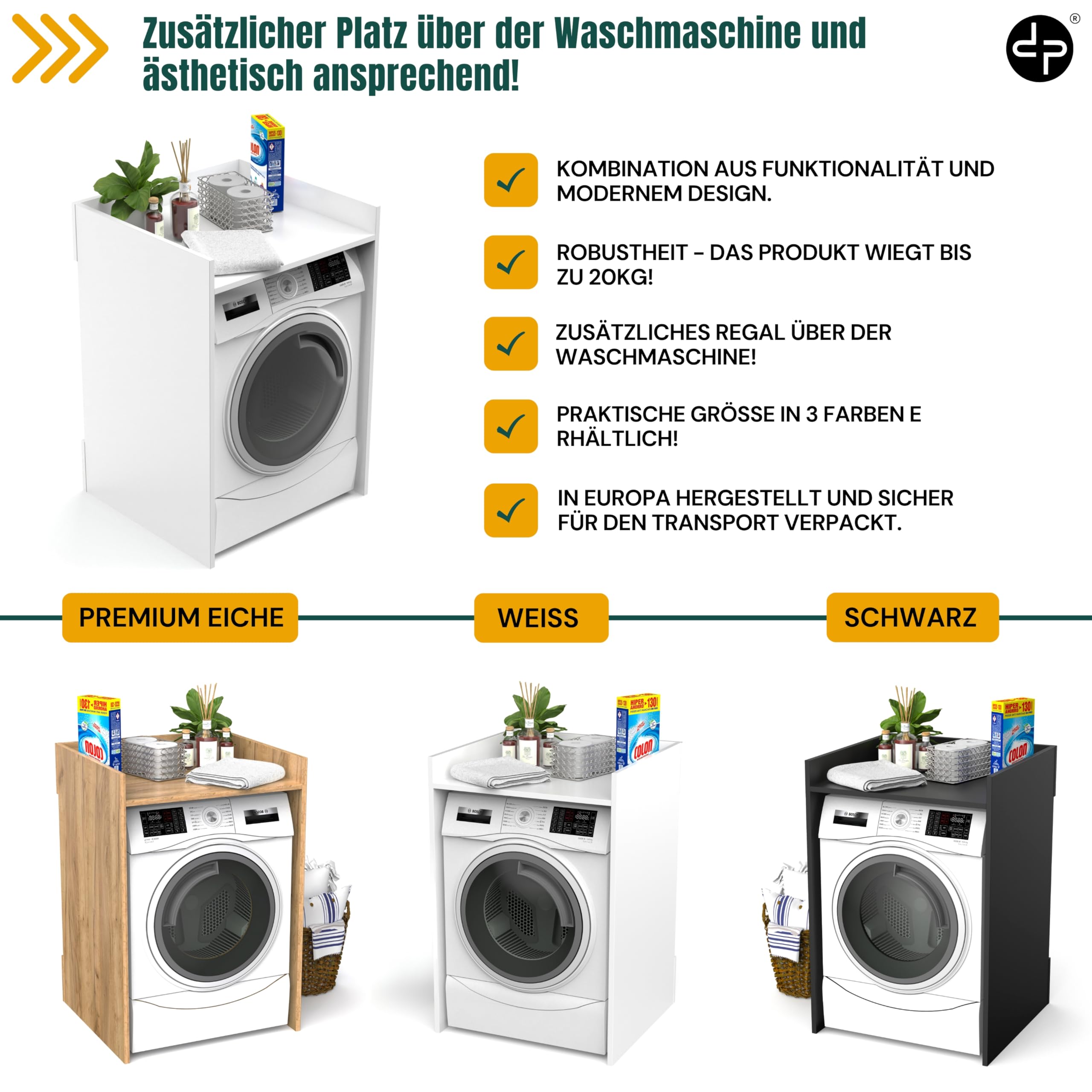 defiPad Waschmaschinenschrank für Waschmaschine oder Wäschetrockner | Stylisch und praktisch Waschmaschine Trockner Schrank | Waschmaschinenregal | Waschmaschinenüberbau | 66x97x62 cm (Weiß)