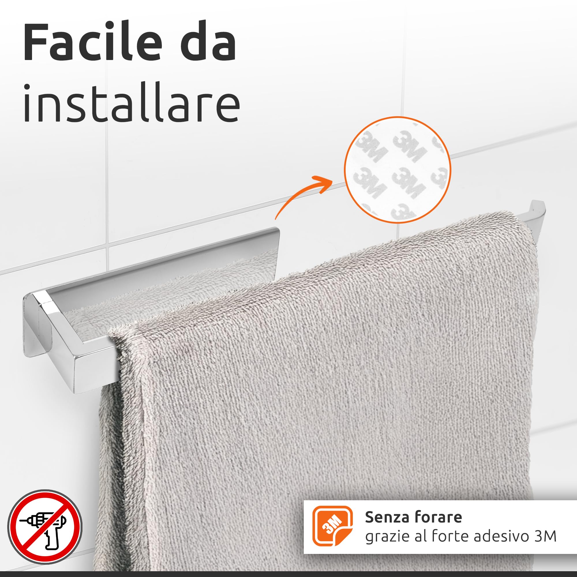 ECENCE Porta Asciugamani Bagno Adesivo 3M cromo senza Foratura 38cm - Portasciugamani Moderna in Acciaio Inox 304, Antiruggine per Bidet, Cucina e WC Ospiti