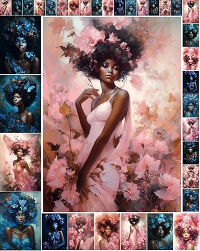 Decoupage - Paquete de papel (35 hojas de 6 x 8 pulgadas), elegantes y encantadoras damas rodeadas de hermosas flores azules y mariposas, FLONZ,