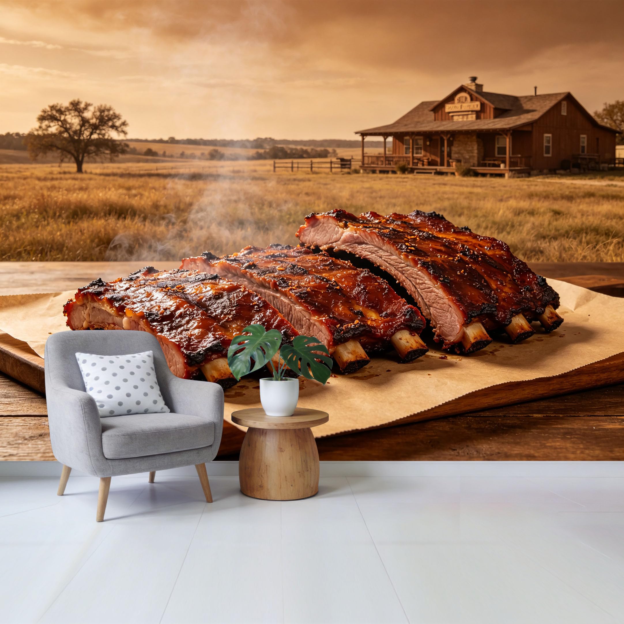 Qzlithotic Yq2605250988 Custom Size Wall Mural Smoked Bbq Pork Ribs Western Ranch Landscape Selfadhesive Wall Fabric Removable Wallpaper For Home Office Decor