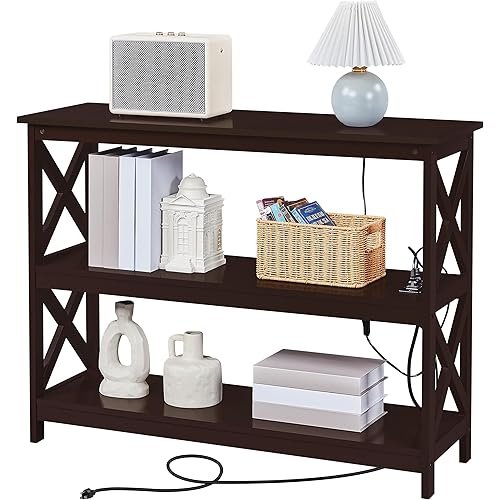 Yaheetech Console Table with Power Outlet, 3 Tier Narrow Sofa Couch Table with Storage Shelves, Wood Entryway Table Side Table for Living Room, Hallway, Entrance, Bedroom, Espresso