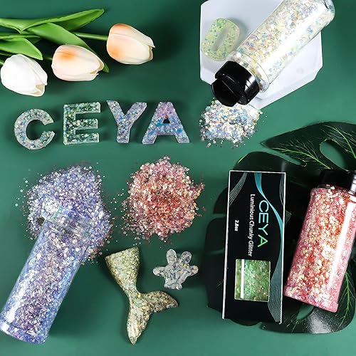 Miniatura 8 de Ceya Brillo en la oscuridad 2.8 onzas  2.82oz azul cielo brillante brillante brillante brillo fluorescente para uñas brillantes escamas de purpurina