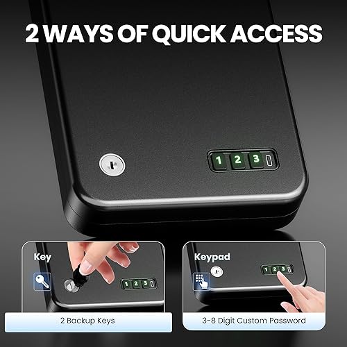 Miniatura 6 de Grimtron Cajas fuertes portátiles para pistolas caja de seguridad electrónica y acceso con llave, modo silencioso, caja fuerte compacta para pistola
