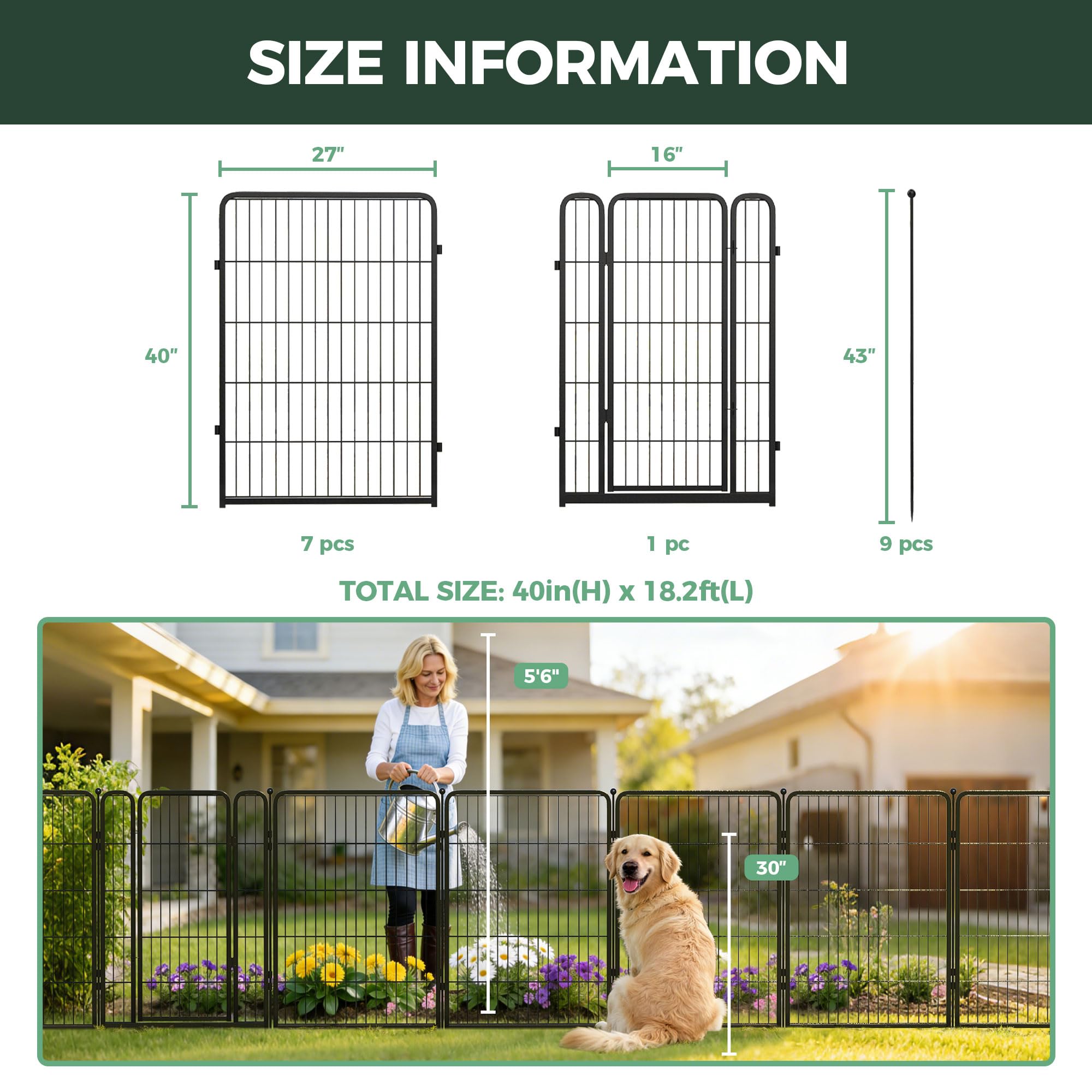 FXW Panneaux décoratifs de clôture de jardin, clôture pour chien pour la cour, en métal robuste, 101,6 cm de haut, 5,5 m de long au total