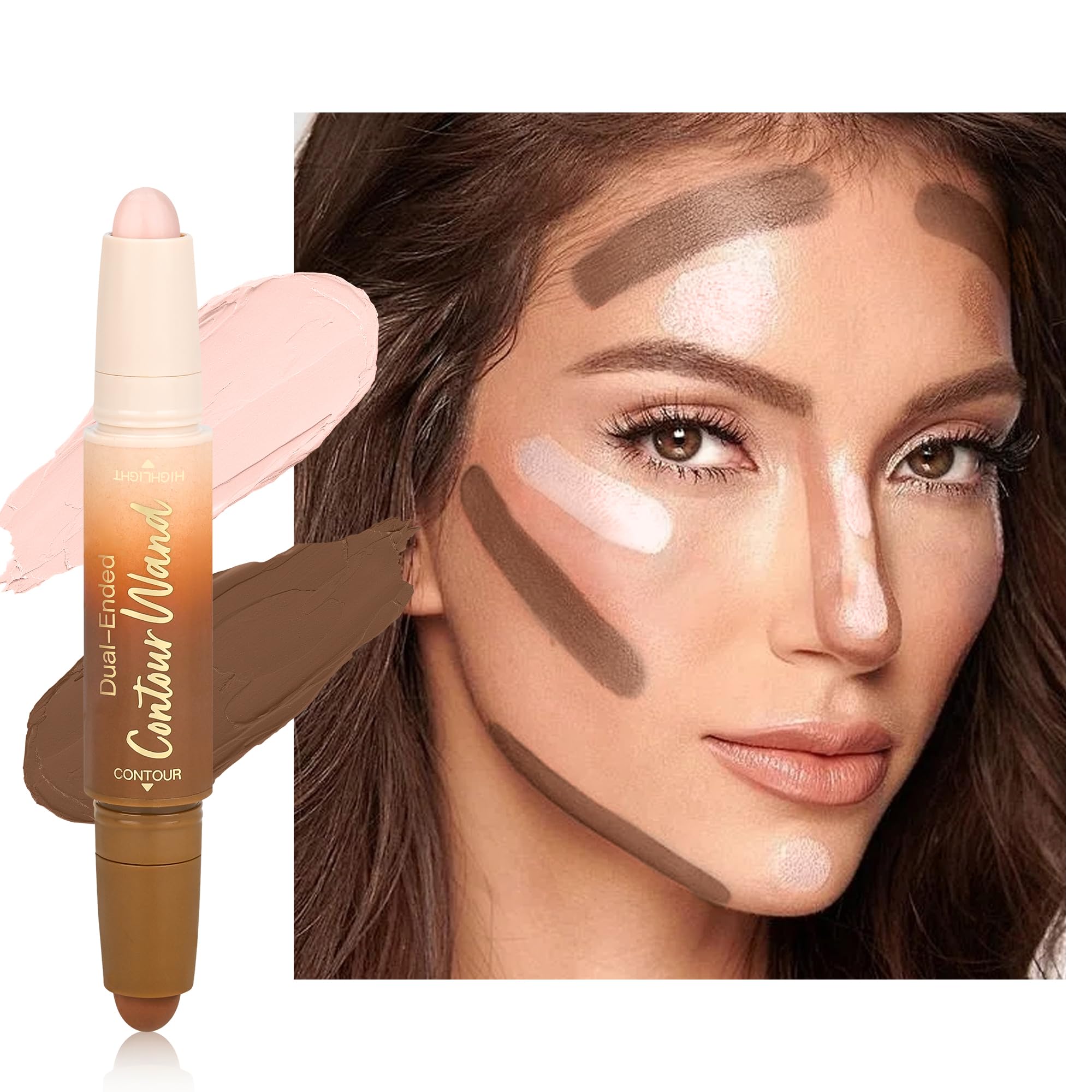 Contour Highlighter Stick, 2-in-1 Dual-Ended Cream Bronzer & Highlighter Sticks Pen for Face Body Contouring Makeup, Buildable,Waterproof, Easy to Apply Suitable for Beginners,03Darker Nude+Light Pink