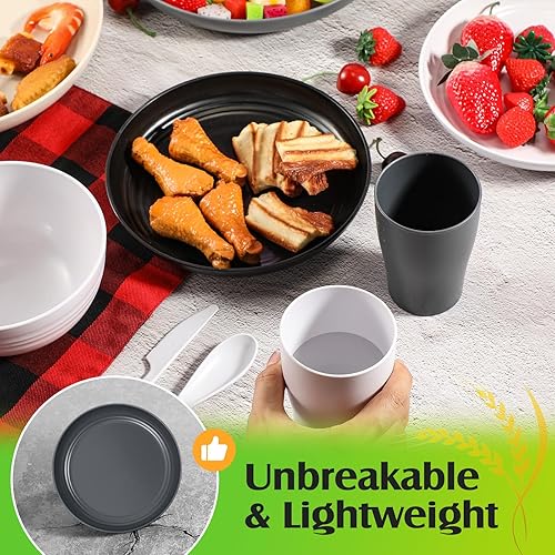 Miniatura 3 de Ziliny Juego de vajilla de paja de trigo, 64 piezas, platos de plástico irrompibles, cuencos ligeros, tazas, cuchillos, tenedores, cucharas,