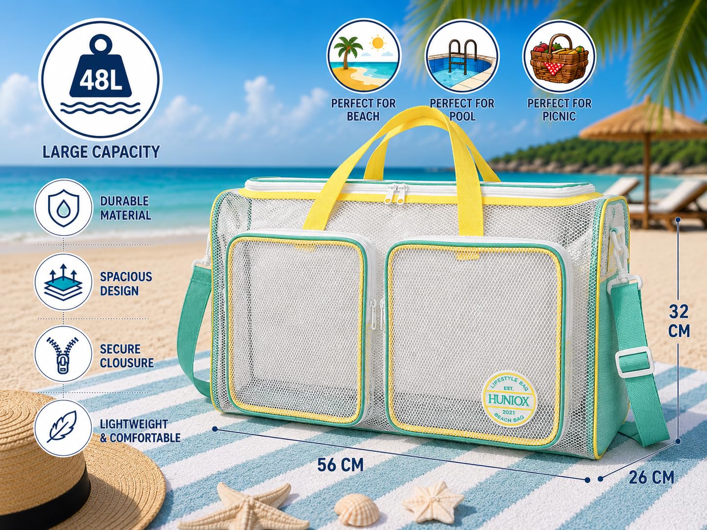 Bolsa Playa XXL Familiar Beach Bag - Bolso Playa Grande XXL Familiar - Bolsa de Playa Grande XXL Familiar con Cremallera