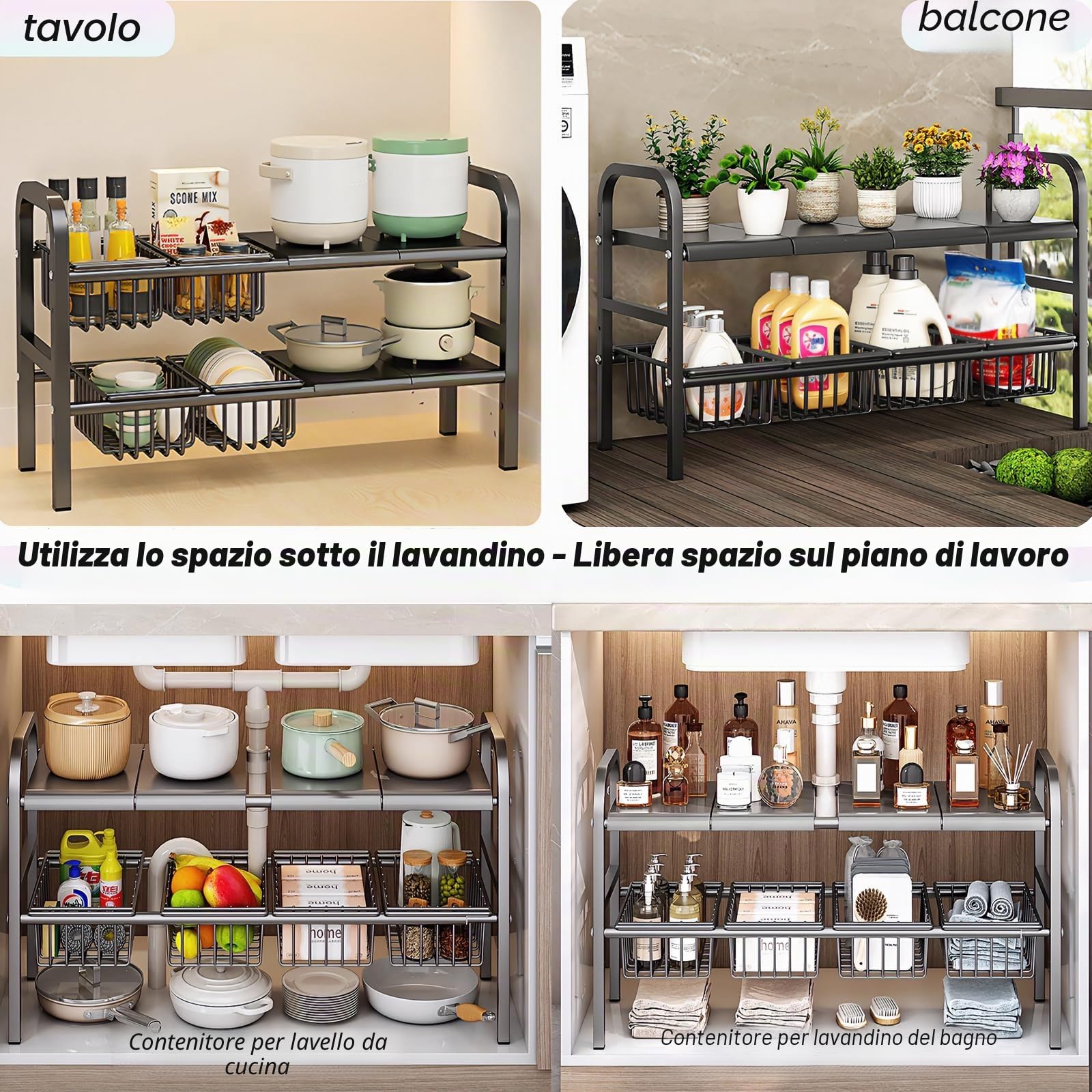 ViWaVee Organizer Sottolavello Cucina, Organizer a 2 Livelli Con 4 Cestelli Estraibili e 4 Pannelli, Scaffale Sotto Lavabo Per Cucina, Organizzatori Bagno(Nero, 53 cm - 83 cm)