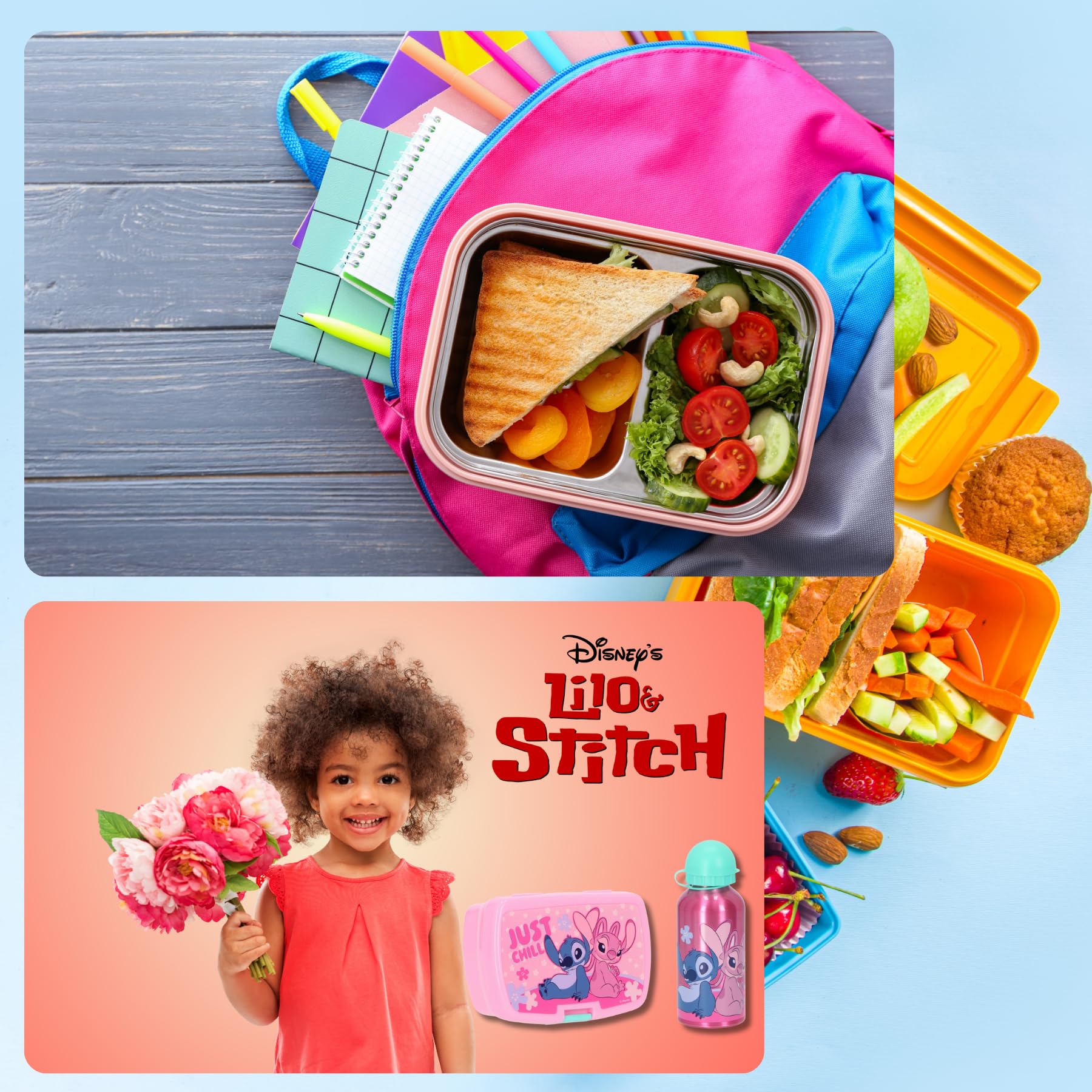 Disney Stitch Brotdose mit Trinkflasche Rosa – Kinder Lunchbox Set, 2-teilig, ideal für Schule, Kindergarten & Ausflüge