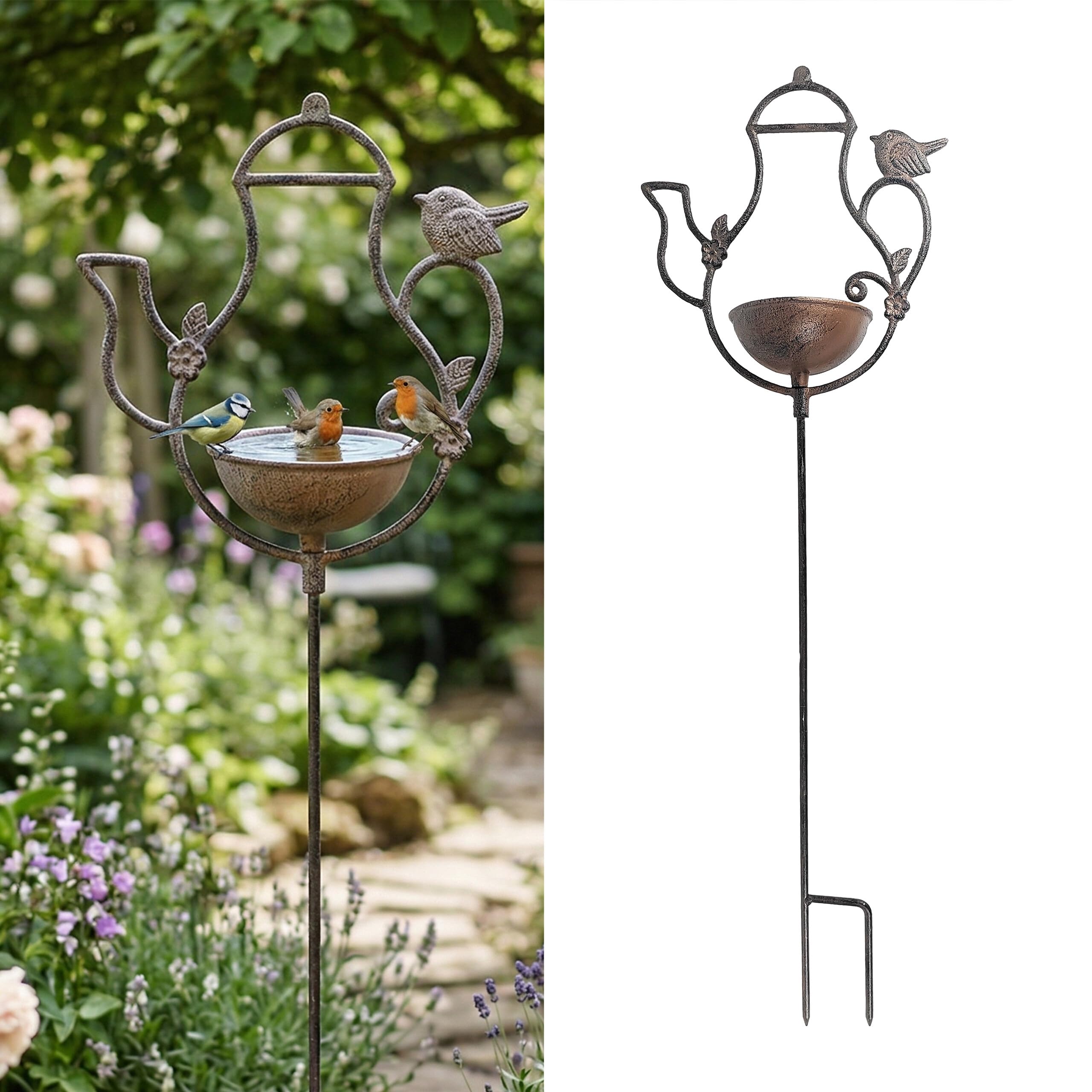 Relaxdays Abbeveratoio a teiera per Uccelli, 86×27×13 cm, ghisa, con picchetto, Ciotole Acqua e Cibo, Marrone