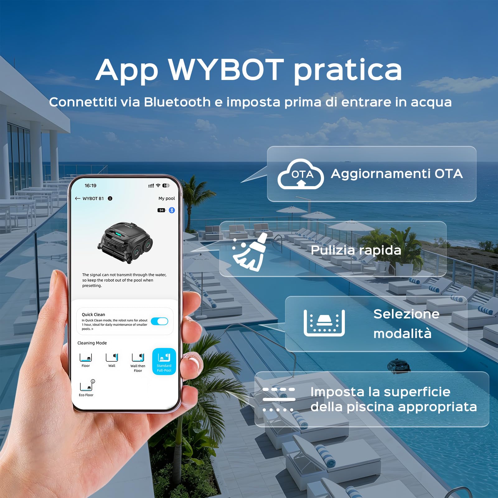 (Upgrade 2026) WYBOT B1 Robot Piscina Senza Fili Pareti e Fondo, Robot di Pulizia Intelligente, Autonomia 120 Min, con App, Due Spazzole Laterali, per Piscine Fuori Terra e Interrate Nero | Robot da piscina senza fili