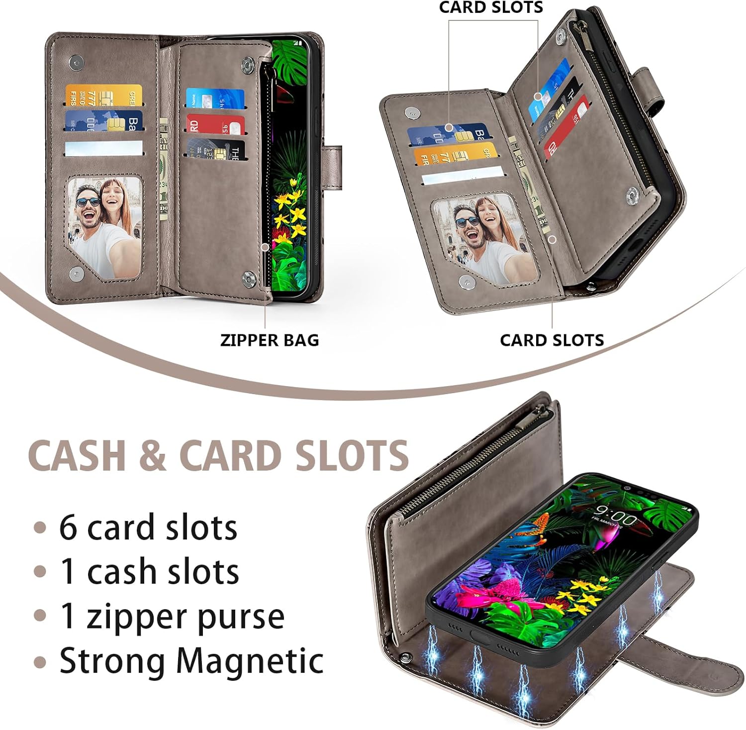 Asuwish Phone Case for LG G8 ThinQ Zipper Wallet Detachable Cell Cover with Tempered Glass Screen Protector Crossbody Strap Flower Card Holder LGG8 Thin Q G 8 LG8 G8thinq LGG8thinq 8G Women Girls Gray