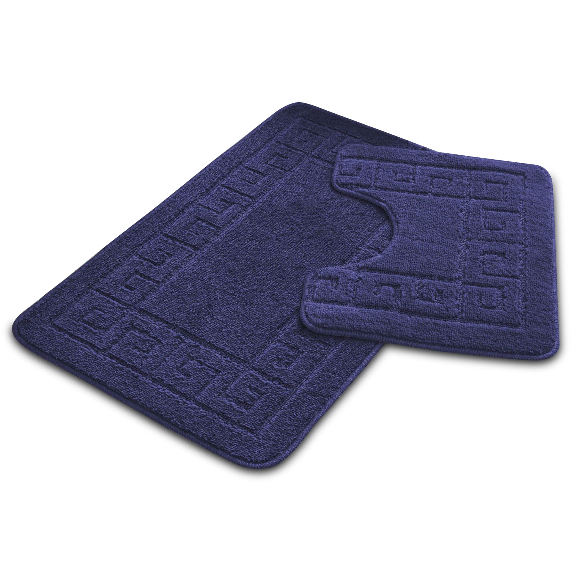 VELVETIO Bath Mat Set 2 Piece Machine Washable for Bathroom, Jacquard Greek Non Slip Quick Dry Shower Rugs & Bathtub Mats, Highly Water Absorbent 100% Polypropylene Toilet Rug Sets, Navy