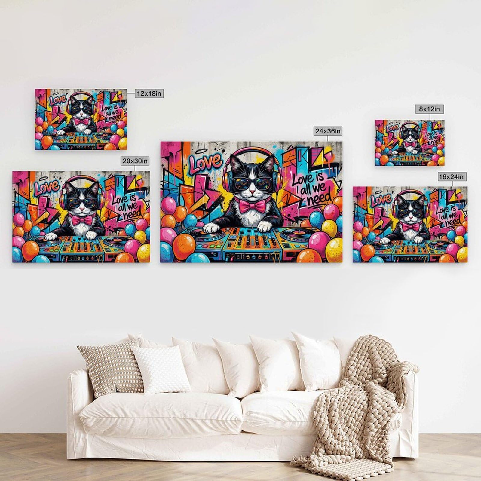 Stampa artistica da parete a tema musica pop art con gatto DJ, divertente opera d'arte per camera dei ragazzi, soggiorno, decorazione per la casa, 40 x 60 cm