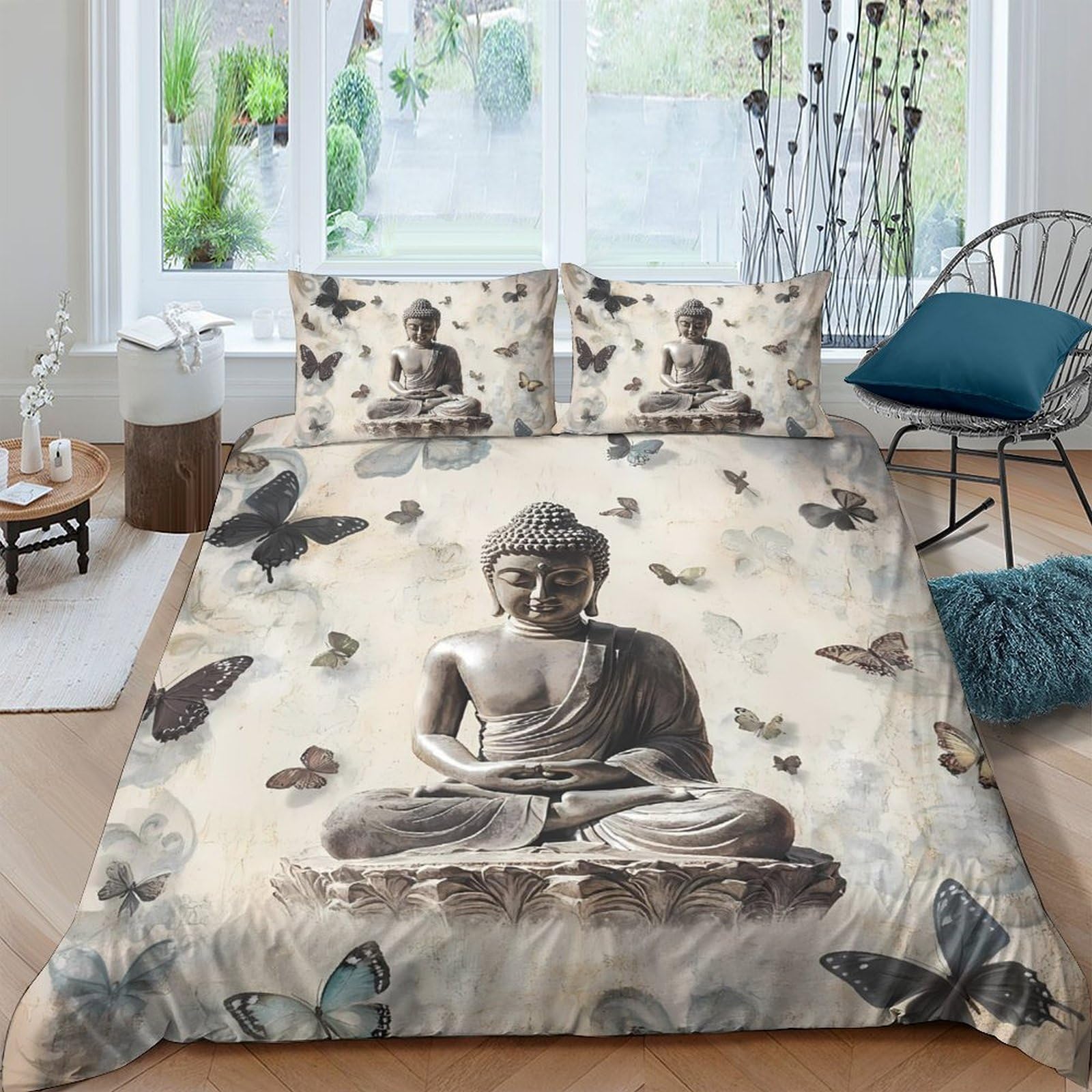 Ctjqhvkz Style-4 3D Printed Buddha Statue Fitted Sheet Microfiber Soft Meditation Butterfly Bed Cover For Bedroom Dorm Mattress Decor Single（135X200cm）