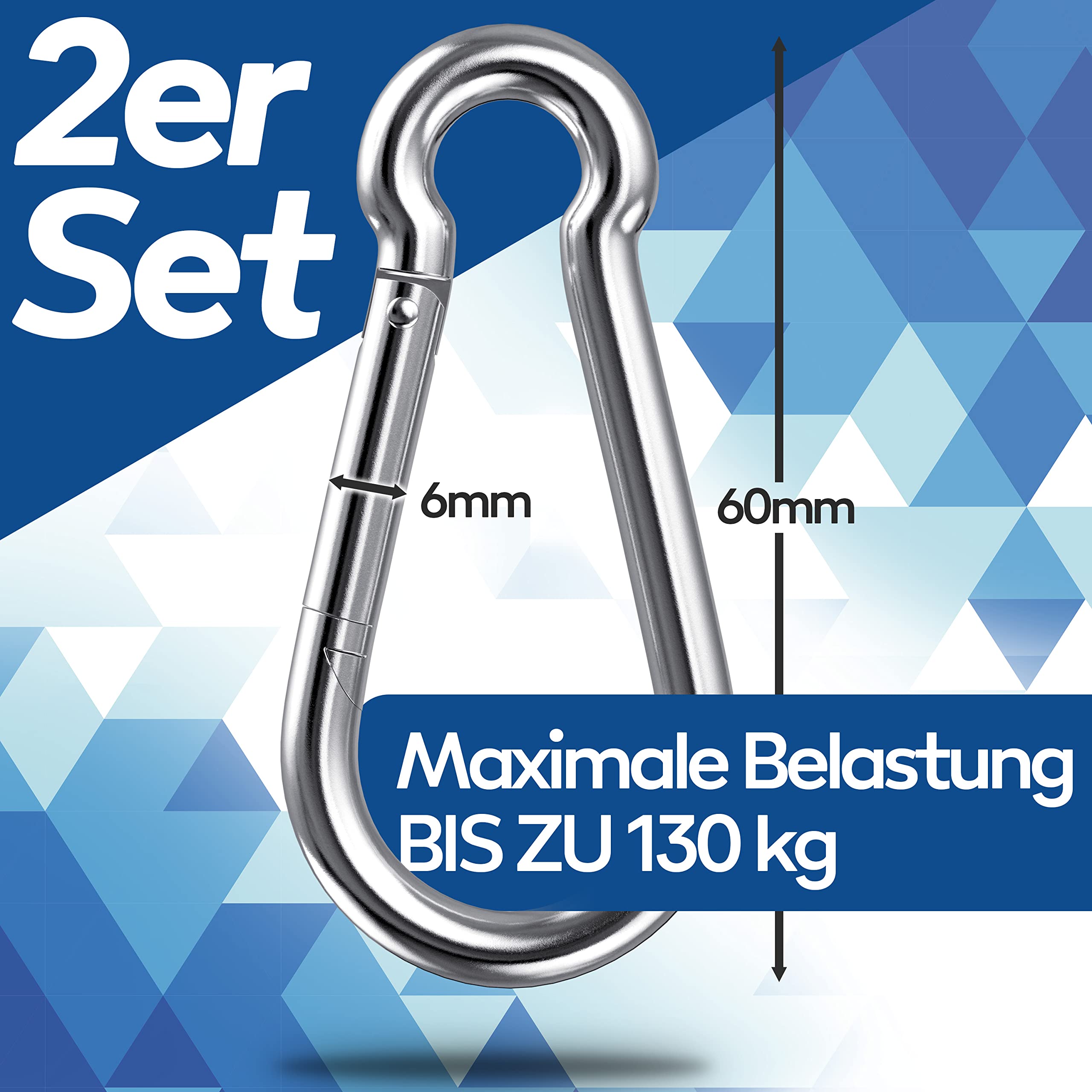 Mousqueton de Fixation | 2pcs 6x60mm | Acier galvanisé DIN 5299 | Crochet sécurité pour clés, laisse chien, camping, extérieur, auvent, balançoire, voile d’ombrage (6x60 | 6mm | 60mm)