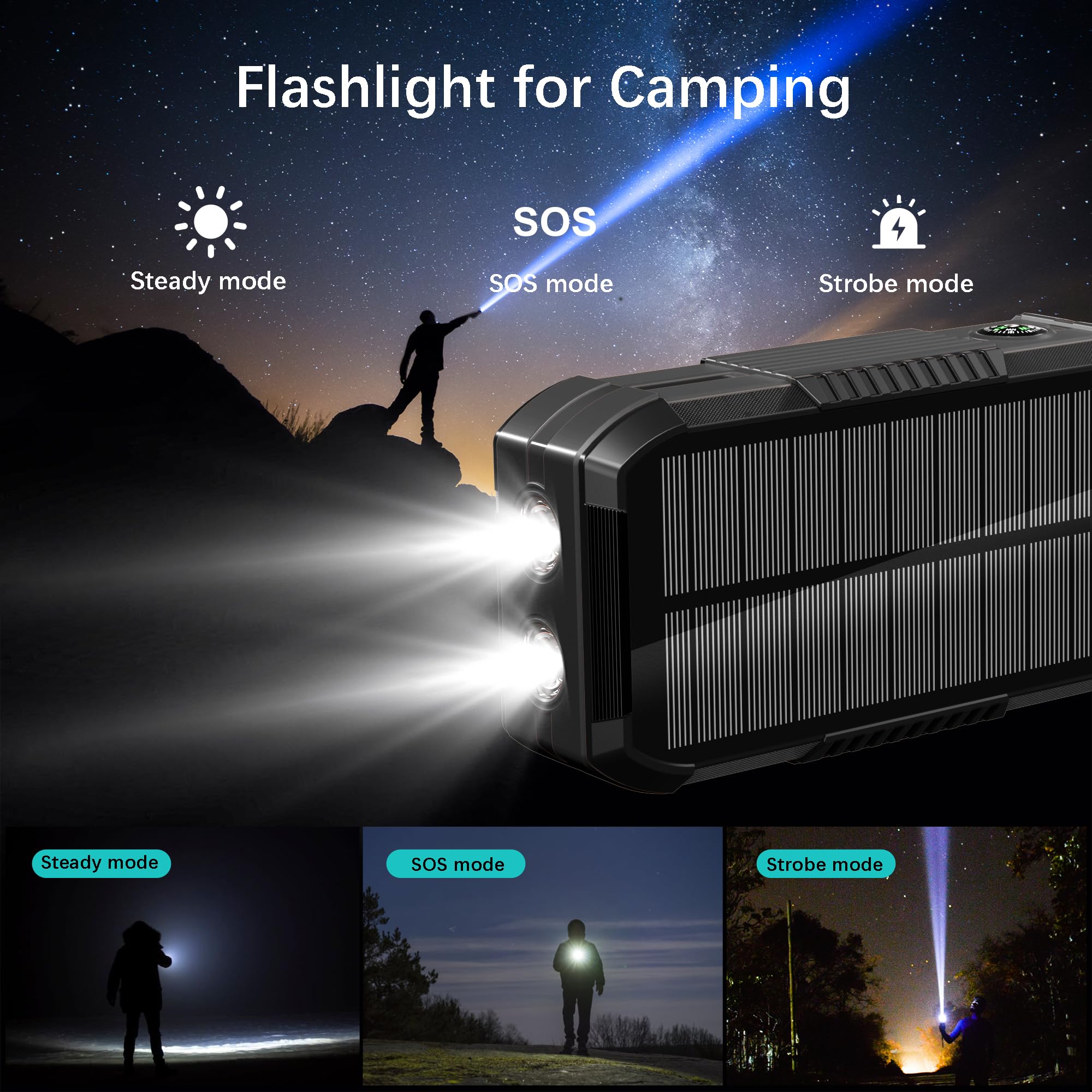 Batería externa inalámbrica solar de 70000 mAh integrada en 2 cables y manivela, cargador portátil de 30 W, cargador rápido, 6 salidas y 4 entradas, batería externa con linterna brillante