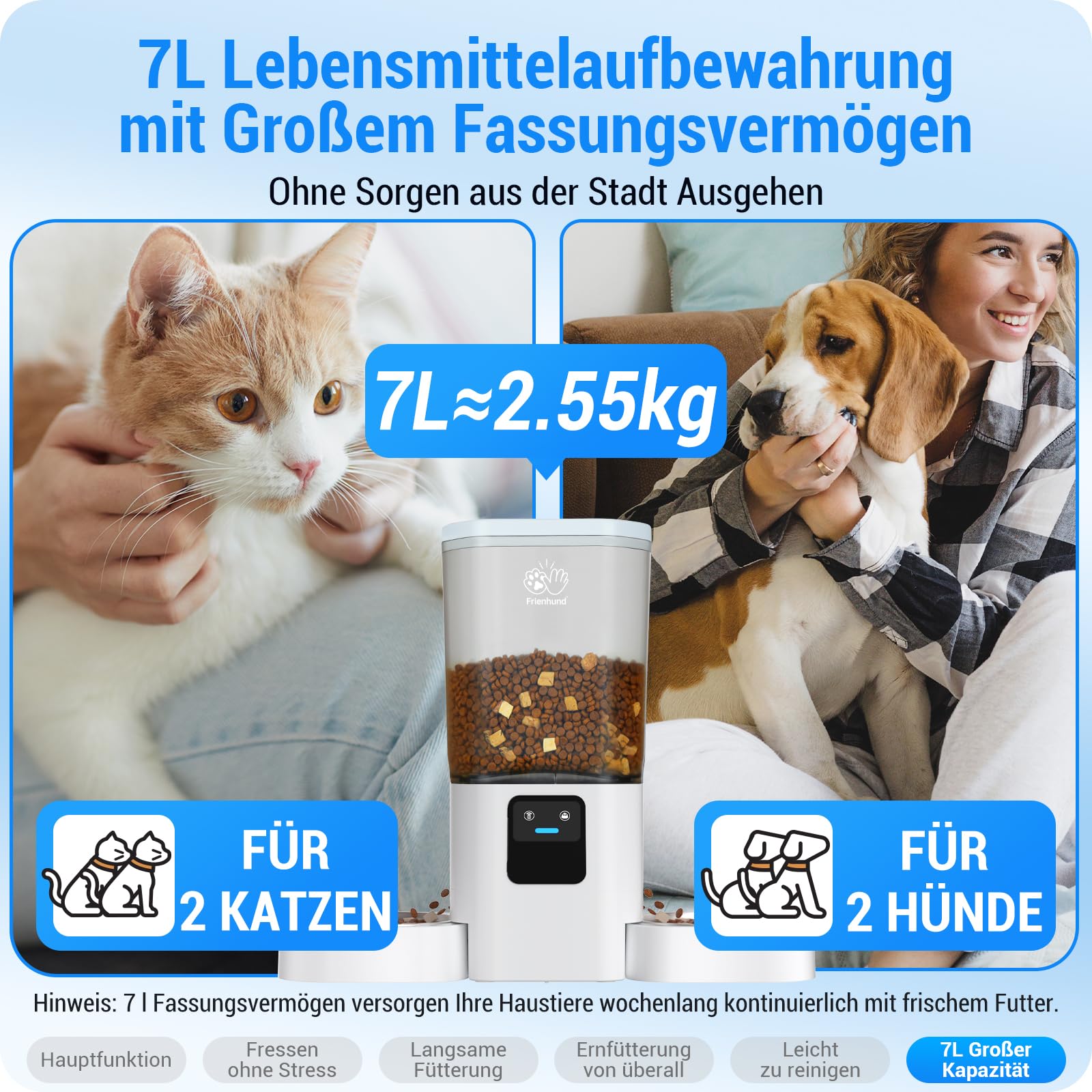 Futterautomat Katze 2 Näpfe mit APP: 5G WiFi Katzenfutter Automat mit Langsamer Vorschub, 7L Trockenfutter Automat für 2 Katzen, WLAN Futterspender Katze Abnehmbar für Mehrere Haustiere (ACF190W-C)