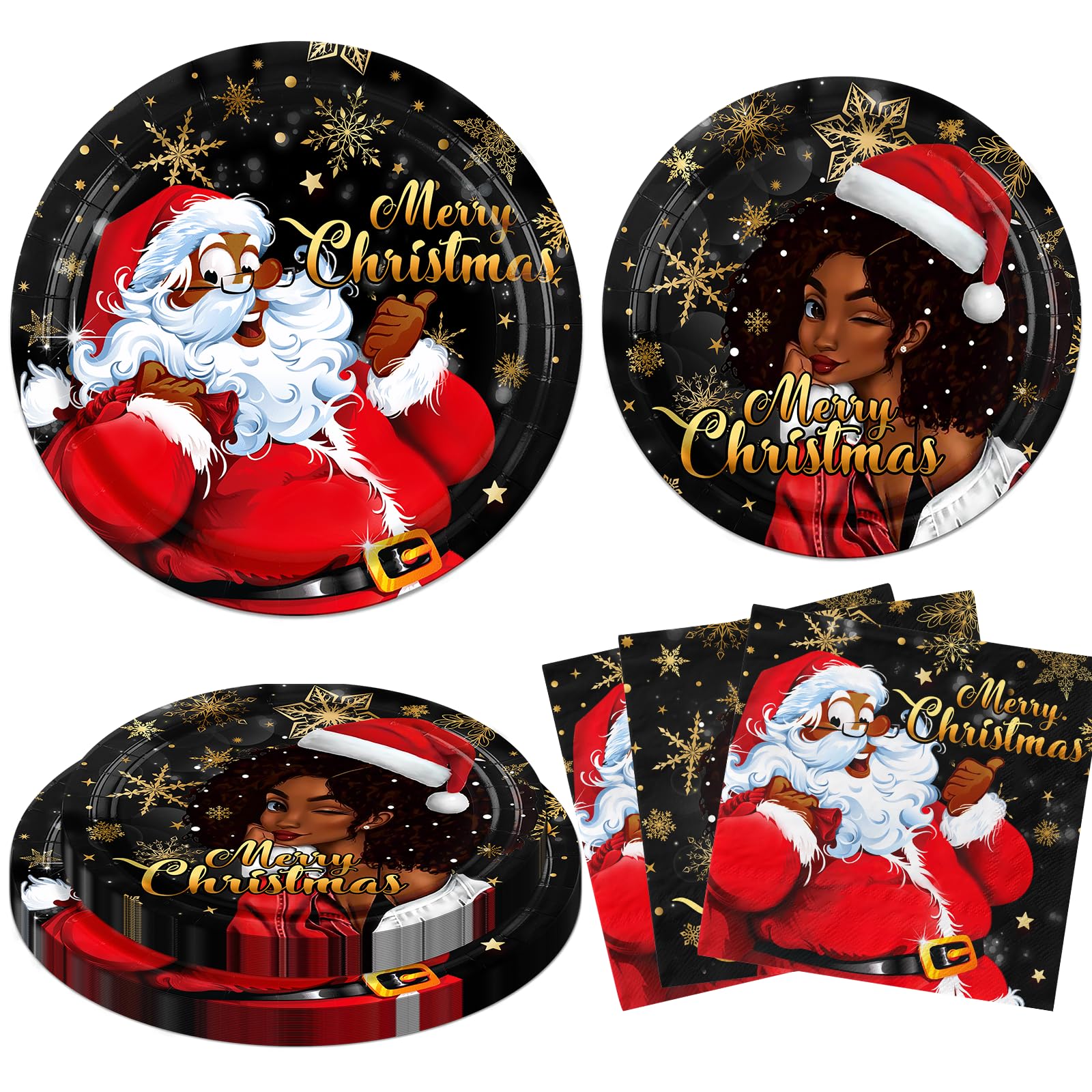 Black Santa Christmas Decorations, 60Pcs African American Christmas Decorations includes Black Santa Plates and Black Santa Napkins, African American Black Christmas Plates for Black Santa Decorations