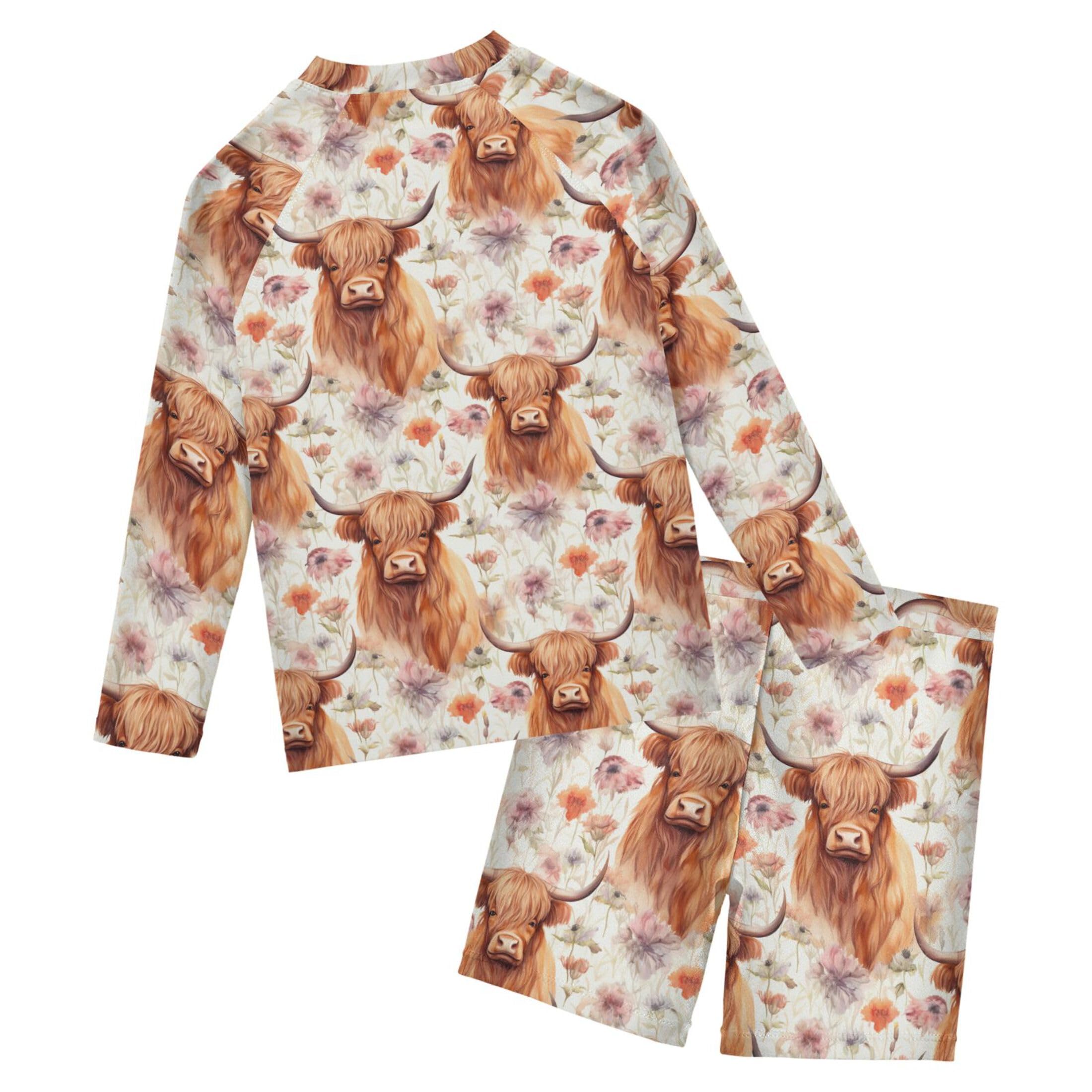 Highland Cow Flowers Animal Baby Boys' Toddler Long Sleeved Rashguard Swim Bathing Suit Set B0403275