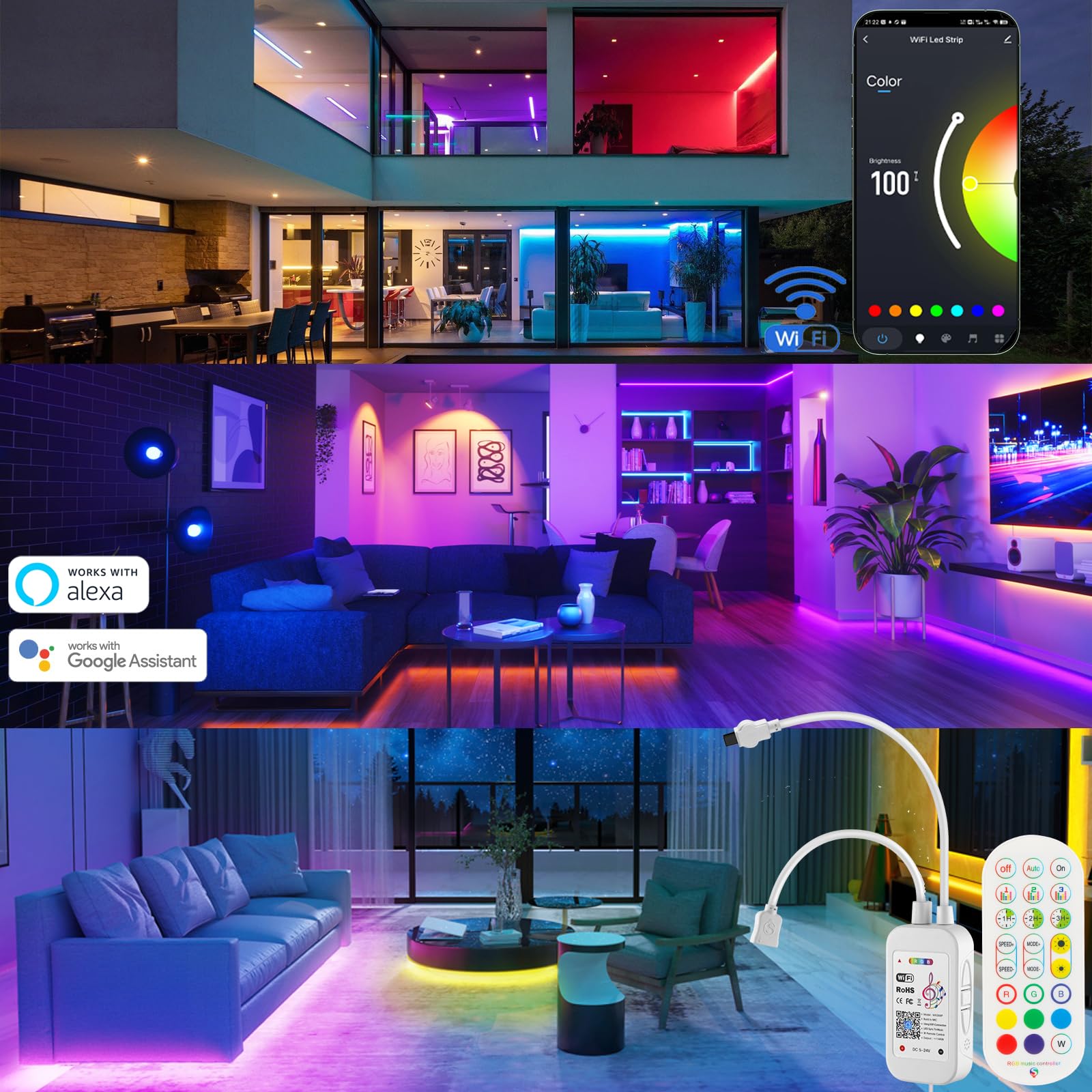 WiFi Striscia LED 30 Metri, RGB Smart Strisce LED con Telecomando, tuya App Controllato, Sincronizza con la Musica, Funziona con Alexa Google Assistant, Luci LED Colorate per Casa,Cucina,Bar