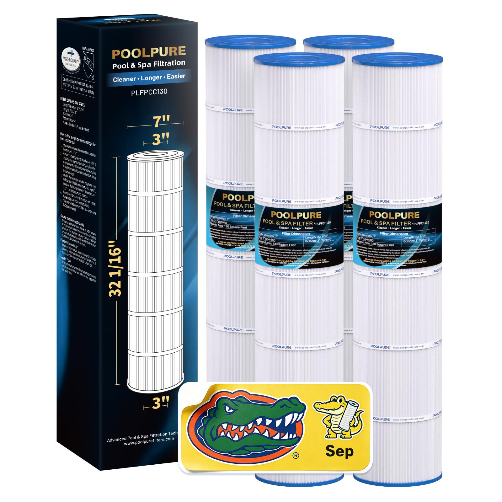 POOLPURE Filtre de piscine Remplace Pleatco PCC130-PAK4, Unicel C-7472, Filbur FC-1978, Pentair Clean & Clear Plus 520, R173578, 178585, 817-0143, 4 cartouches