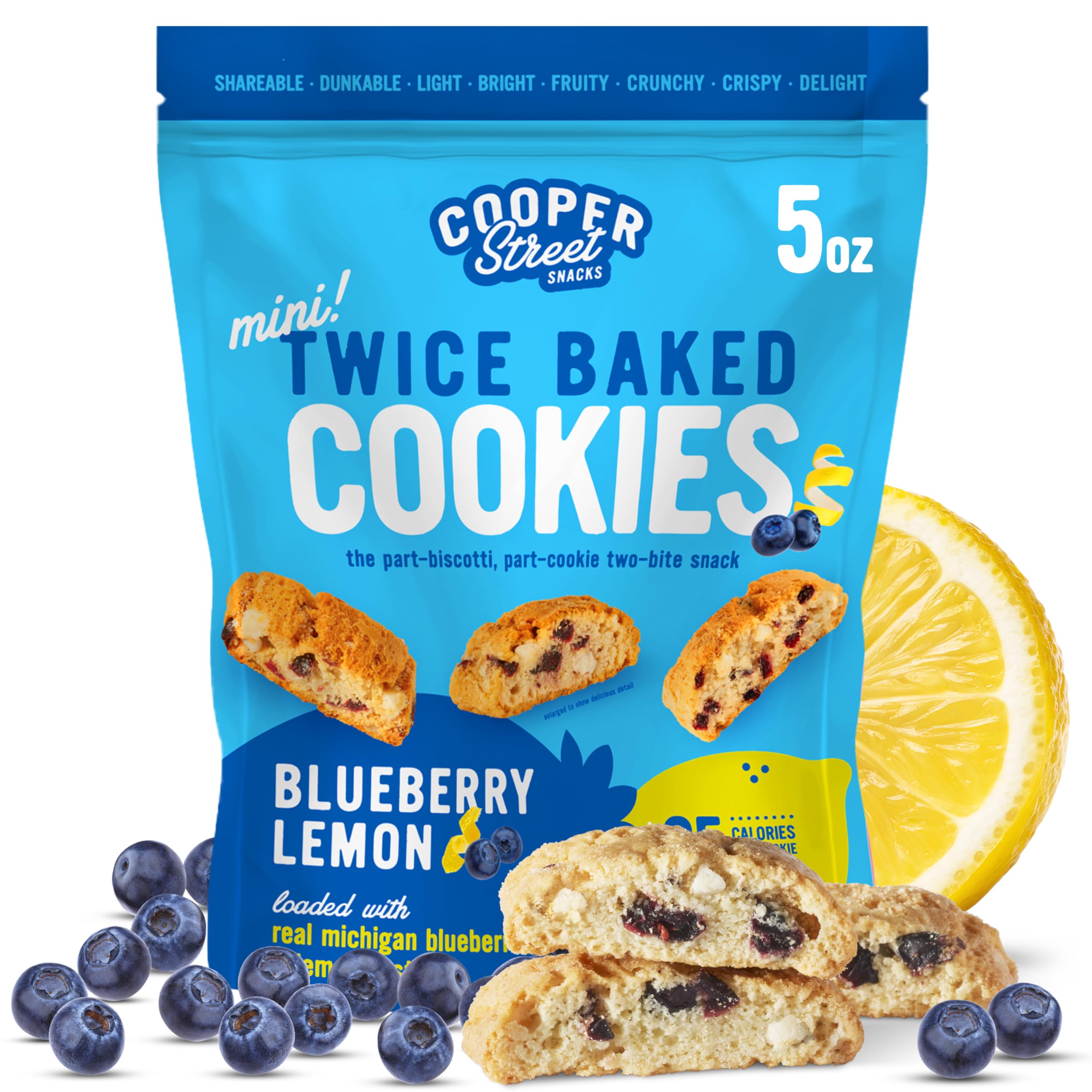 Cooper Street Twice Baked Lemon Blueberry Biscotti Cookies - Light and Crispy Coffee Cookie Bites - Traditional Low Calorie Italian Snacks for Adults & Kids - Kosher, Dairy, Peanut & Soy Free - 5oz
