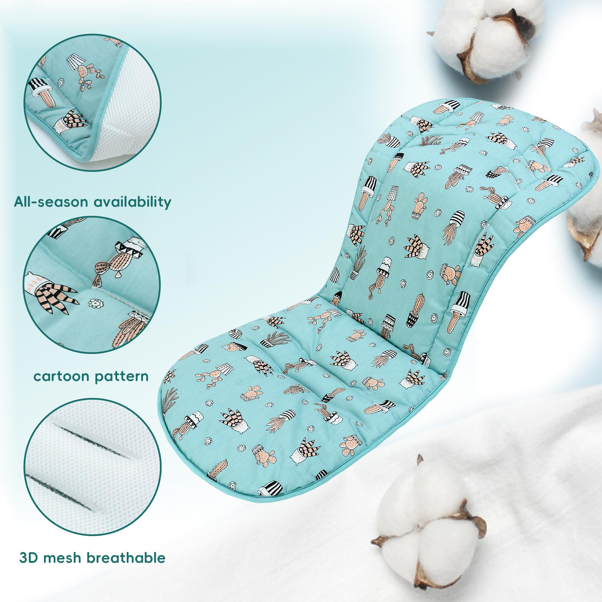 Baby Pushchair Seat Liners,Universal 3D Mesh Breathable Double-Sided Pram Seat Liner,Baby Stroller Liner Pad Seat Cover Seat Cushion for Toddler Infant,Reversible,37x80cm(Blue Cactus) - Image 4