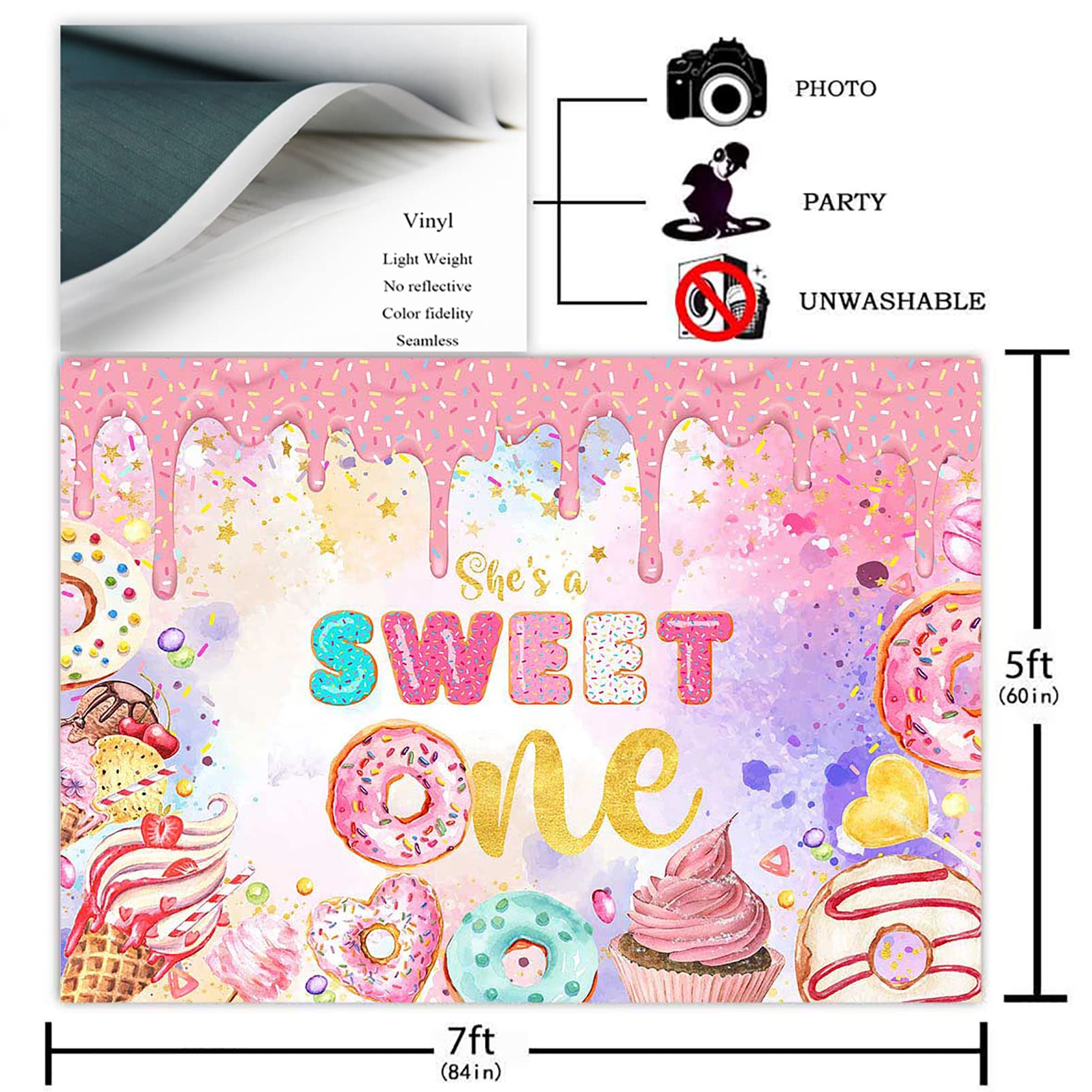 Avezano Sweet One Birthday Backdrop for Baby Girl's First Birthday Pink Sweet Donut Ice Cream Photo Background Candy Land Theme Birthday Party Decorations (7x5ft)