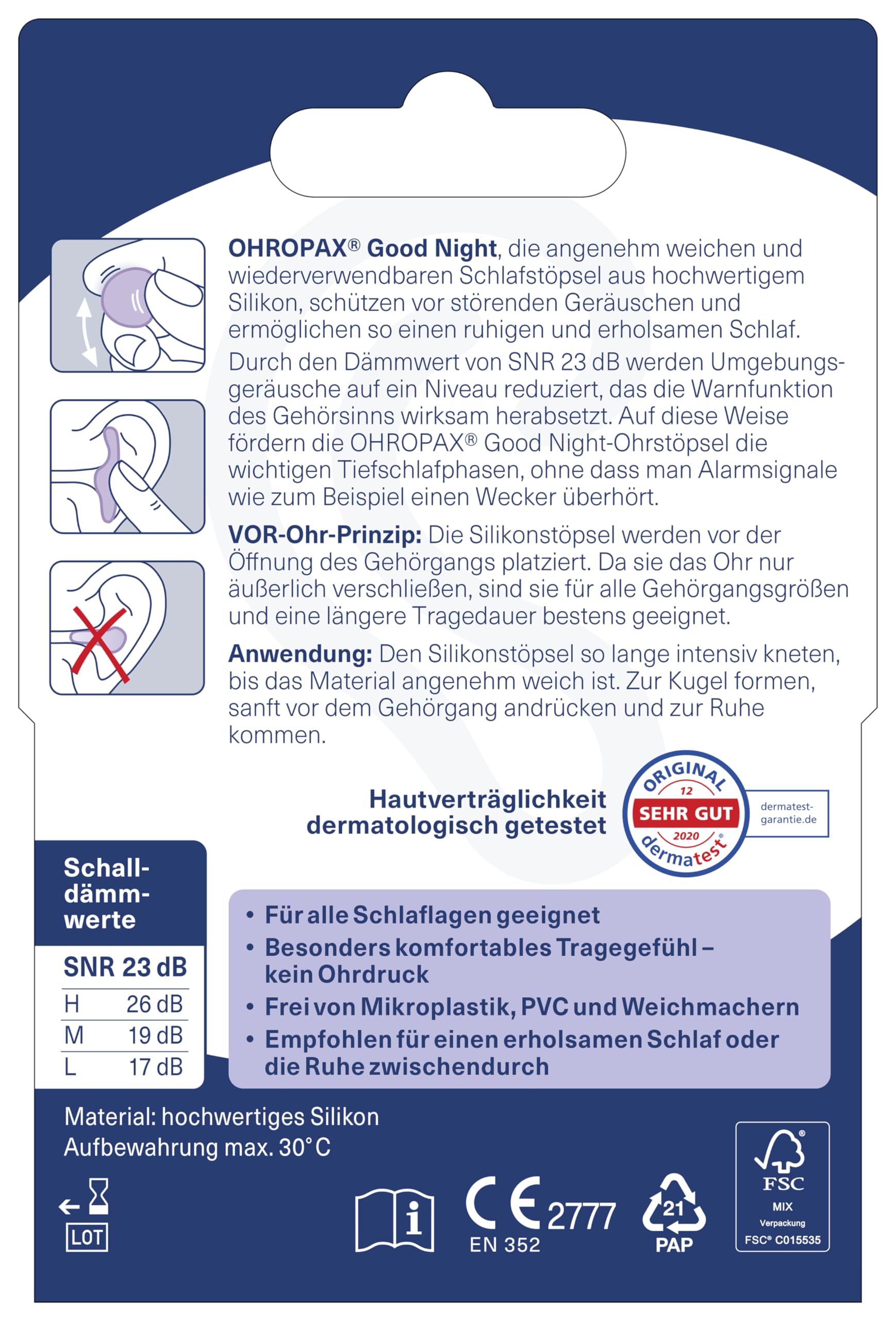 OHROPAX Good Night zatyczki do uszu do spania – silikonowe zatyczki do uszu do spania – nadają się do wszystkich uszu i wszystkich pozycji spania – wartość izolacji akustycznej SNR 23 dB – 8 sztuk