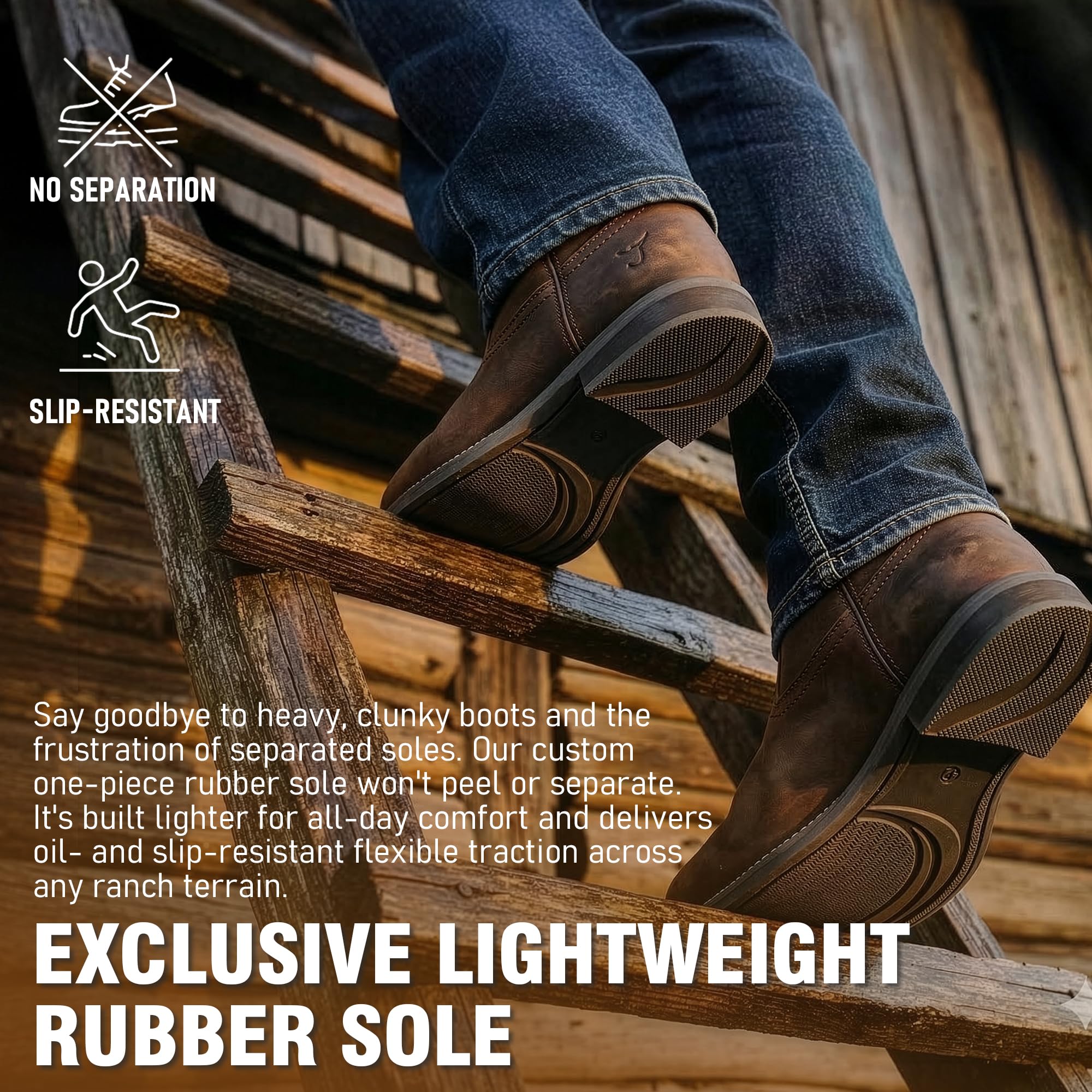 J's.o.l.e Cowboystiefel aus Leder für Herren, quadratischer Zehenbereich, Western-Stil, zum Reinschlüpfen, bestickt, Landarbeit, Reitkleid, Stiefel, Braun
