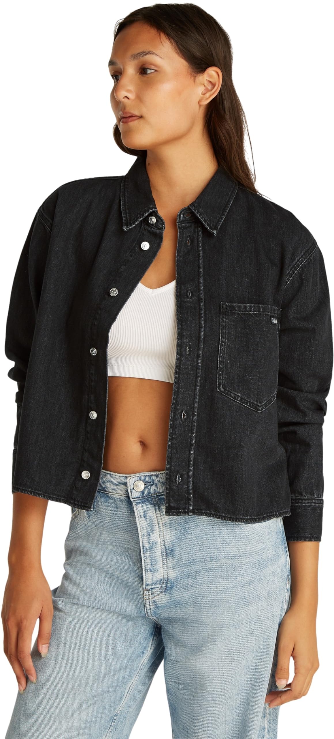 Calvin Klein Women’s Cropped Dad Denim Shirt with Chest Pocket, Black (Denim Black), S