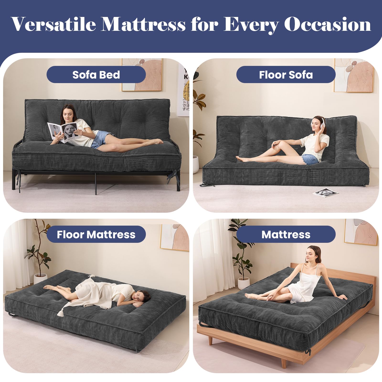 JUIKURY 8" Futon Mattress Full Size, Thick Futons Sofa Couch Bed Sleeper Sofa Bed, Floor Mattress for Adults, Roll Up Folding Mattres Shredded Foam Filling, Medium Firm(Frame Not Included)
