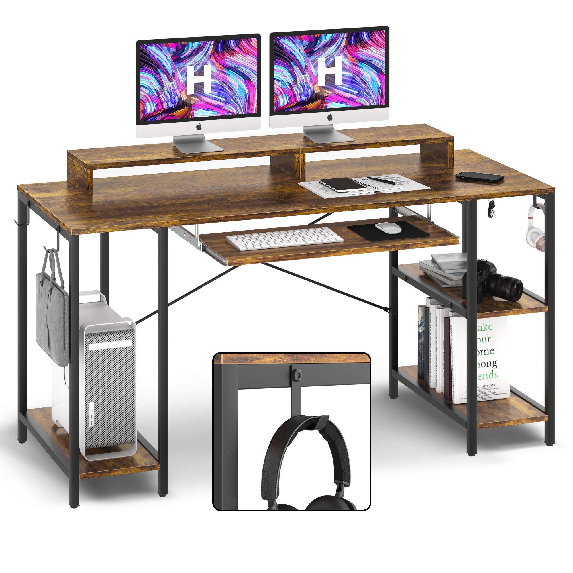 HYPIGO Computer Desk with Keyboard Tray, 55-inch Heavy Duty Desk with Storage Shelves, Easy Assemble, Rustic Brown
