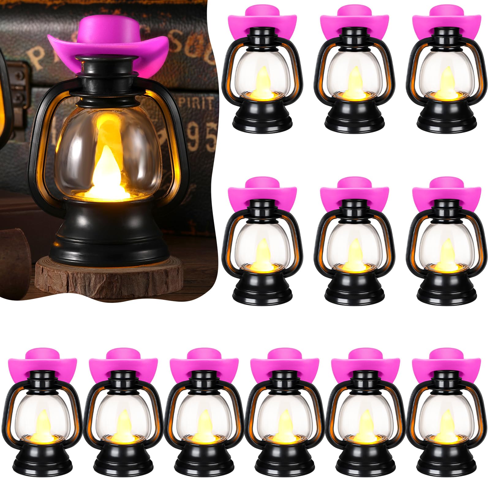 ROCEEI 12 Pieces Cowboy Hats Mini Lantern Western Cowgirl Small Lantern Decoration Retro Tiny Lamp with LED Candle Hanging Table Centerpieces Decor for Wedding Birthday Party Favor (Pink)