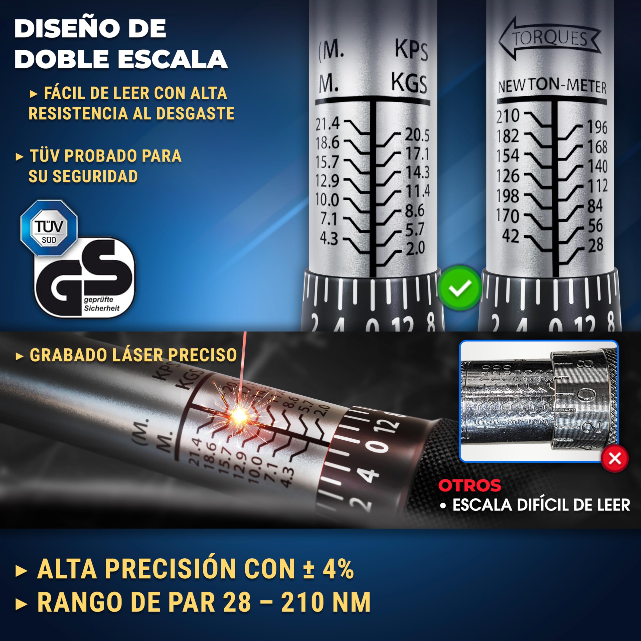 S&R Llave Dinamométrica 1/2 (28-210 Nm) – Torque Wrench Coche con Trinquete Reversible y Certificado ISO | Juego Completo con 3 Vasos (17,19,21 mm) y Barra de Extensión | Precisión ±4%