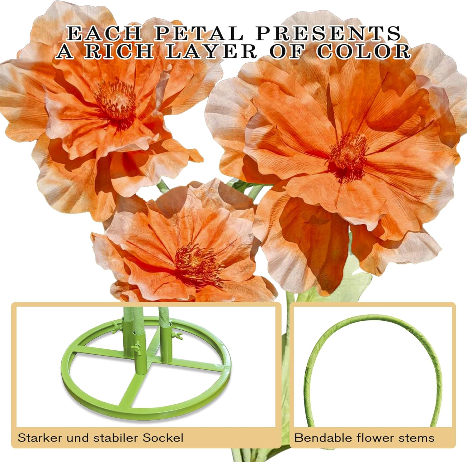 Giant Flowers for Decoration, 3pc Wedding Reception Essential Decoration, Big Artificial Flower with Stems and Stands for Birthday Ceremony Party Event Mall Window Display Decorations (Orange)