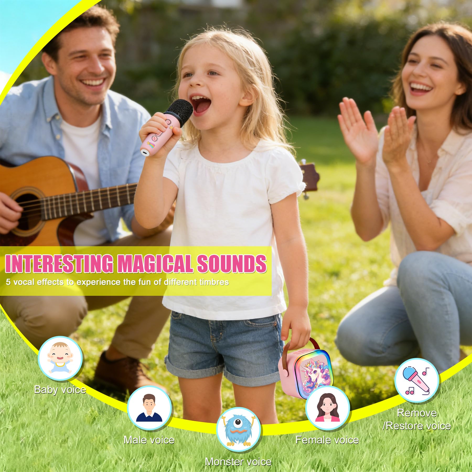Karaoke Maschine mit 2 Funkmikrofonen für Kinder und Partys | Bluetooth 5.3, 4 LED-Effekte, 4 Voice-Changer, TF/USB/AUX, 5-8h Akku, Praktischer Tragegriff, ab 3 Jahren, USB-aufladbar