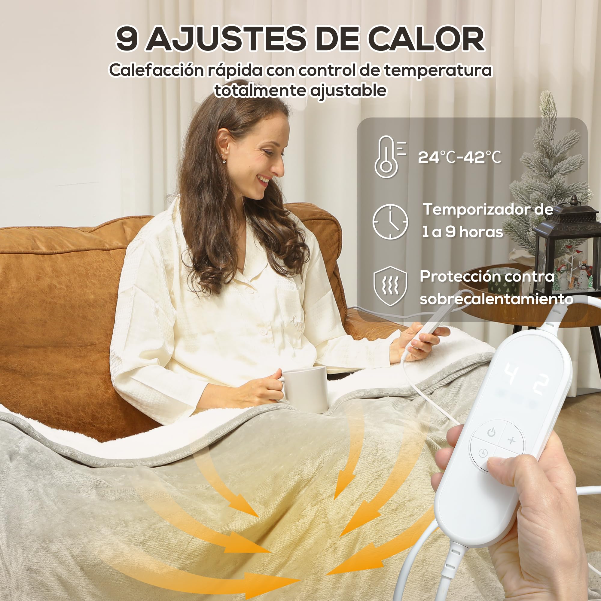 HOMCOM Manta Eléctrica Grande, Manta Térmica Sofá, 180x130 cm, Tejido Suave, 10 Niveles de Temperatura, Temporizador, Lavable en Lavadora, Protección contra Sobrecalentamiento, Pantalla LED, Gris
