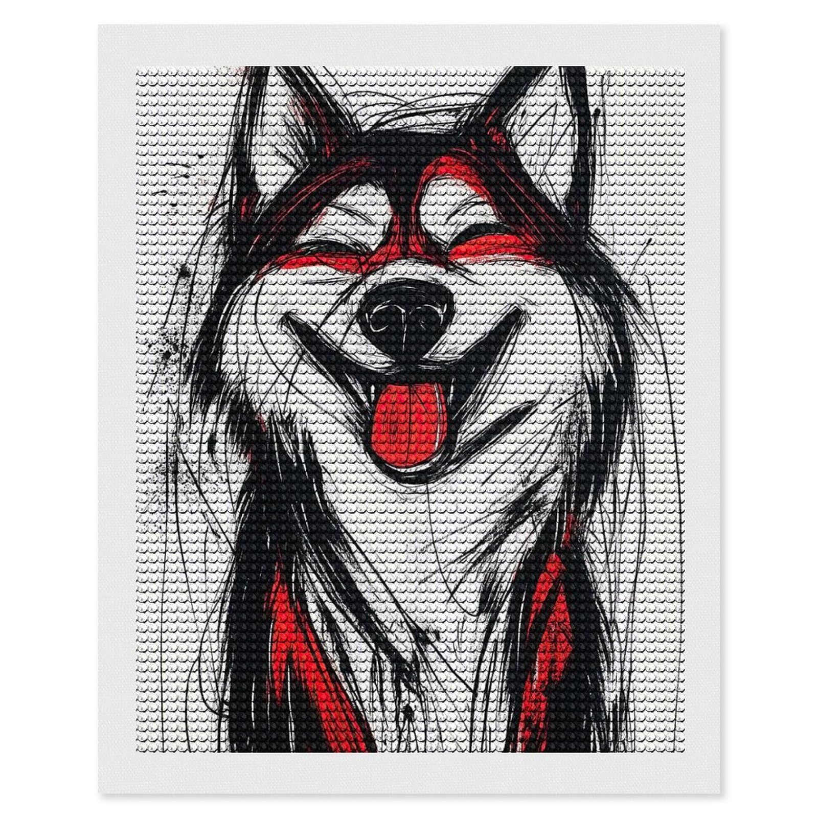 Junmoney Smiling Husky Dog Art Diamond Painting Canvas Set 16"x20", Easy to Enjoy, Adhesive Canvas, Office Decor, Holiday Gift Idea, with Tool Kit