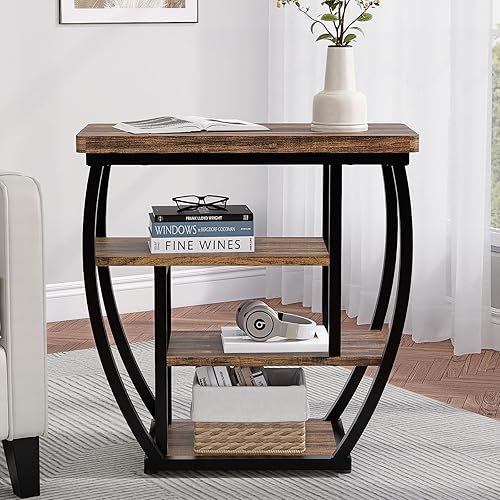 Mesa auxiliar de 4 niveles con almacenamiento, mesa auxiliar estrecha para sala de estar, mesa de sofá de madera con marco de metal, mesita de noche