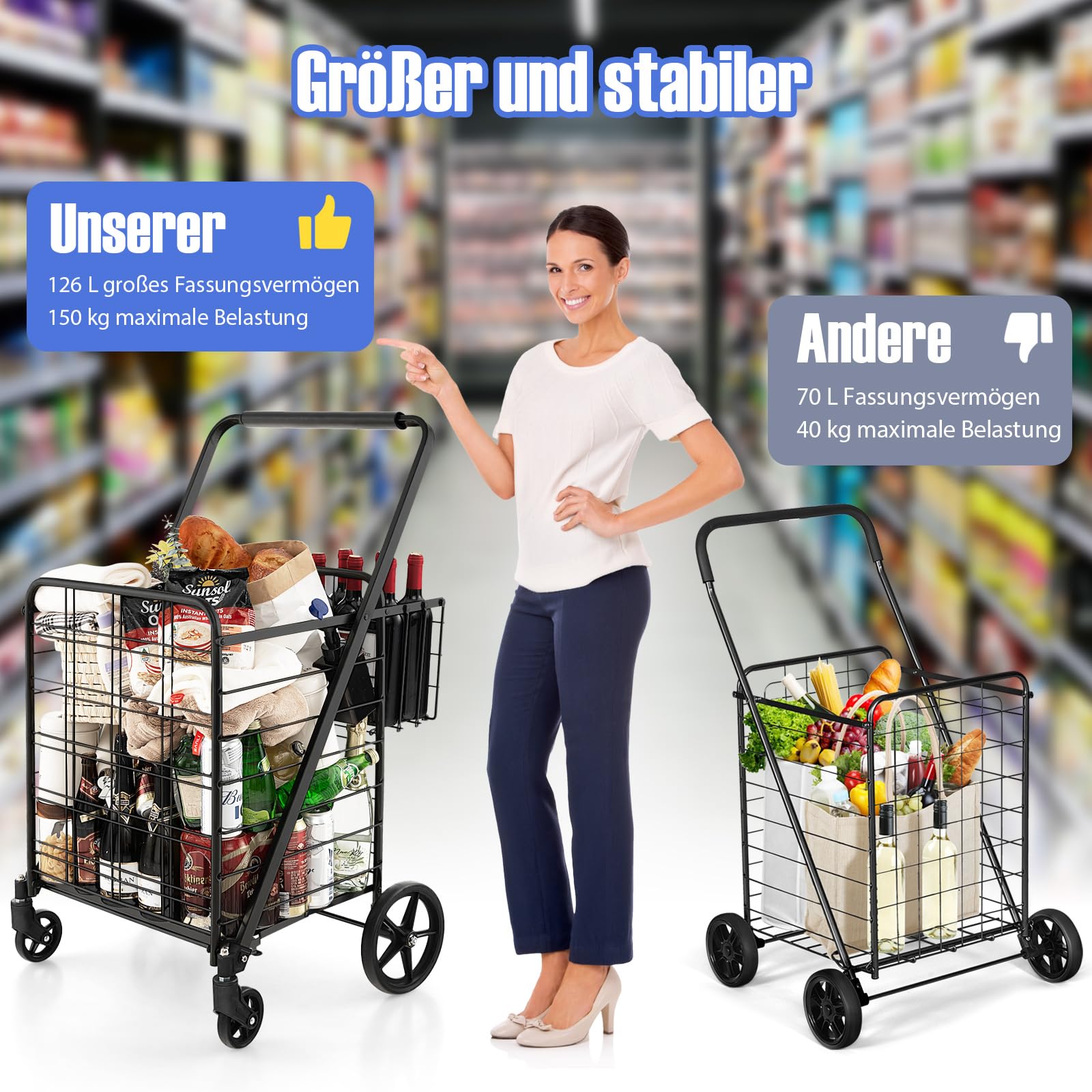 COSTWAY Einkaufstrolley Klappbar, Einkaufswagen auf Rollen mit Abnehmbarer Oxford-Tasche & 2 Körben, Handwagen 150kg belastbar, Rollwagen Allzweckwagen für Wäsche Einkaufen Gepäck(Schwarz)
