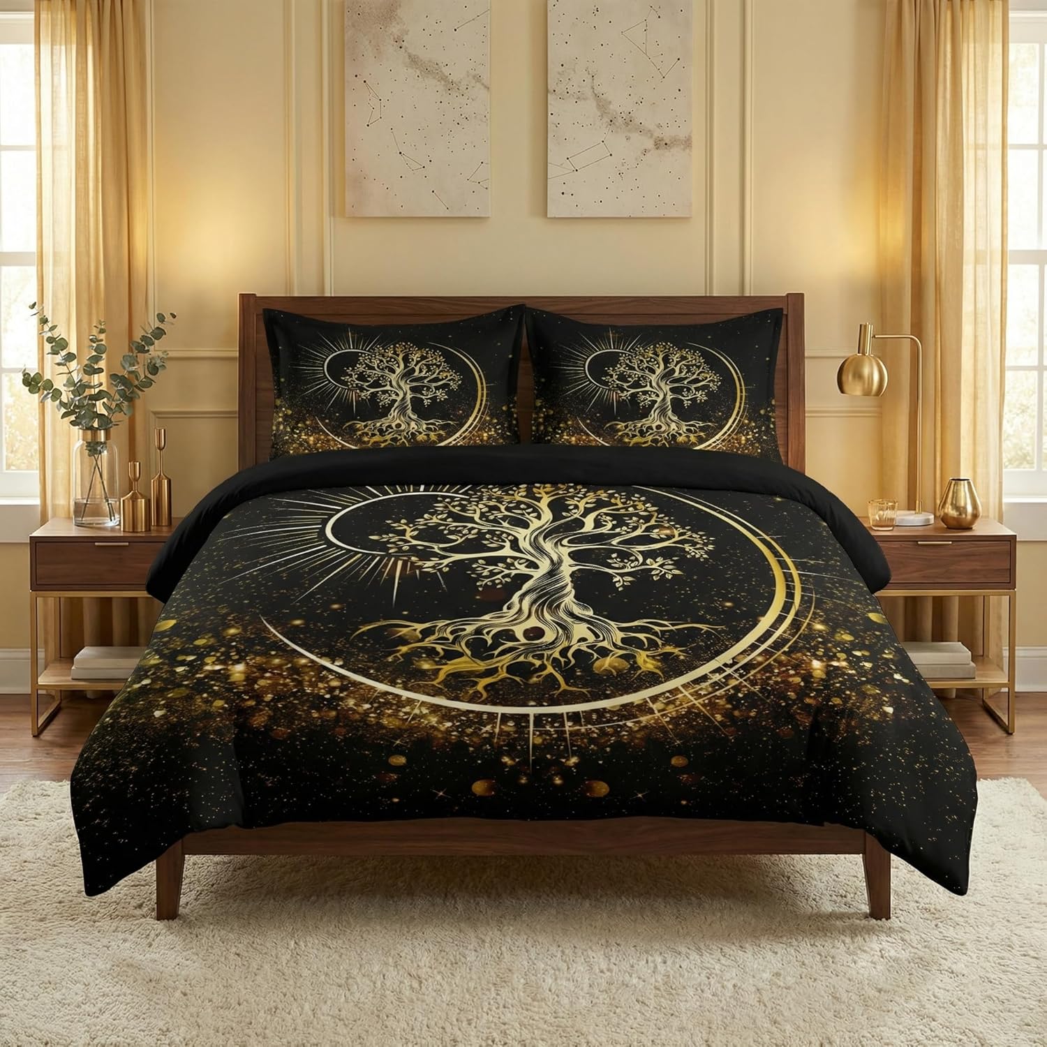 WeCozy Queen Size Comforter Set with 2 Pillowcases, Nature Tree of Life 3 Pcs Bedding for Kids and Adults, Black Sun and Moon Soft Comforter Set for Bedroom Bed Decor
